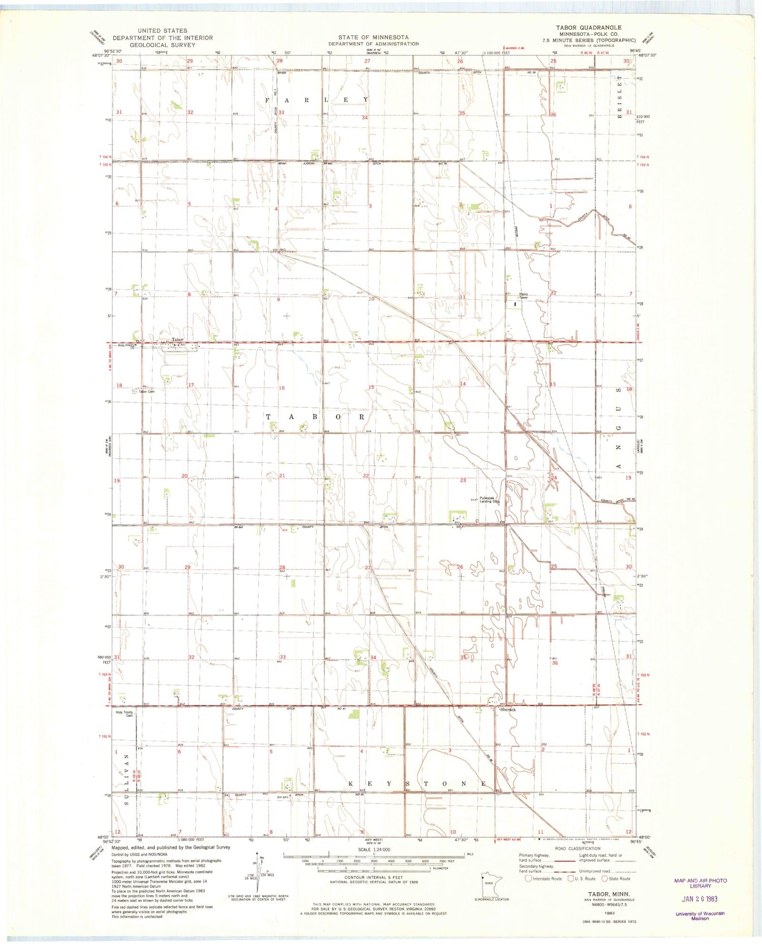 Classic USGS Tabor Minnesota 7.5'x7.5' Topo Map Image