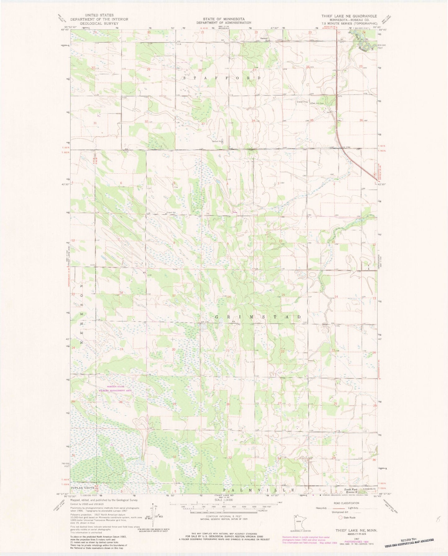 Classic USGS Thief Lake NE Minnesota 7.5'x7.5' Topo Map Image