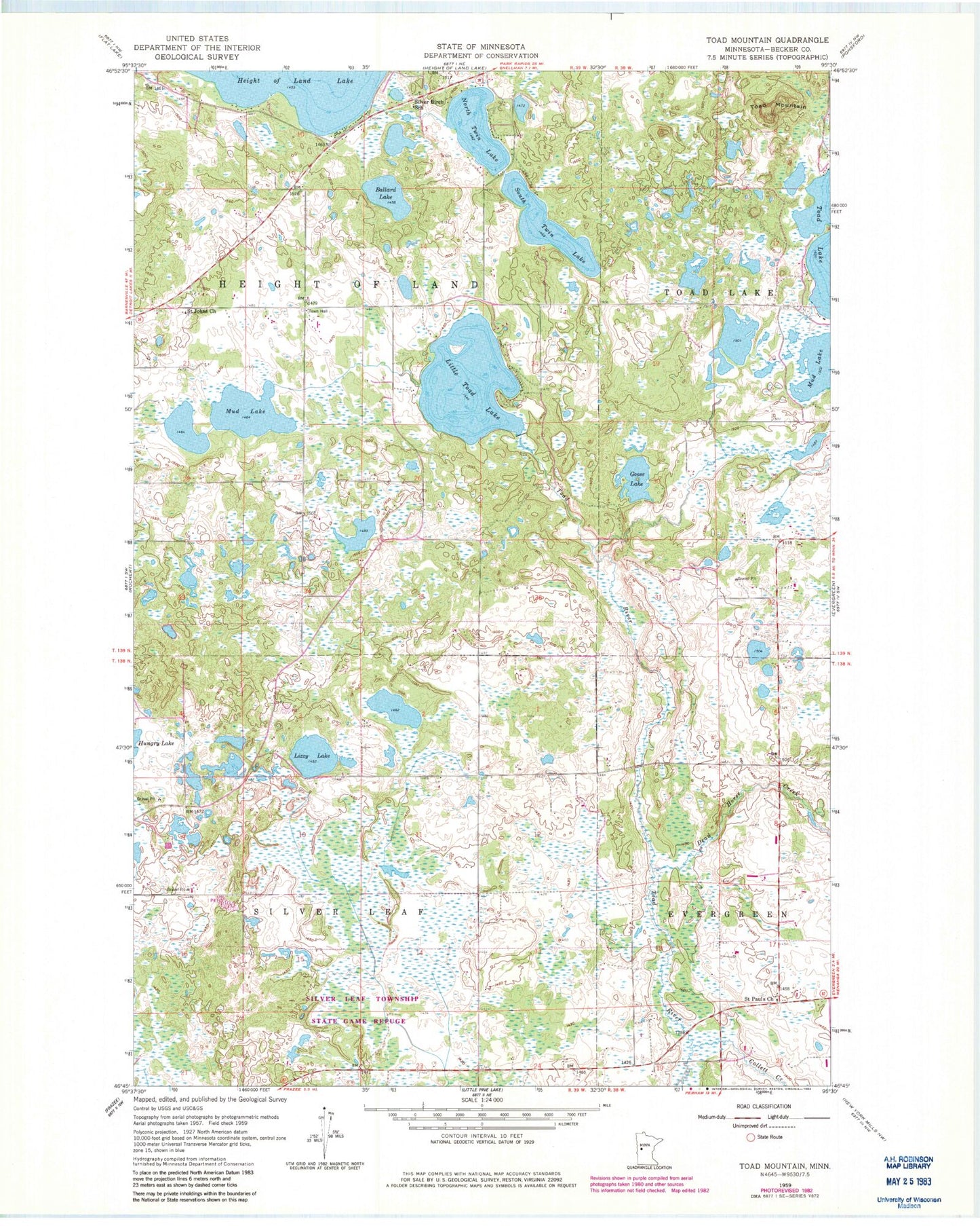 Classic USGS Toad Mountain Minnesota 7.5'x7.5' Topo Map Image