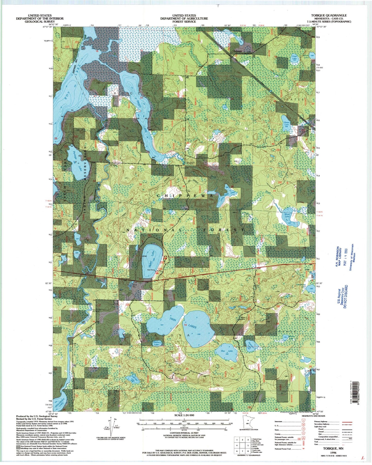 Classic USGS Tobique Minnesota 7.5'x7.5' Topo Map Image
