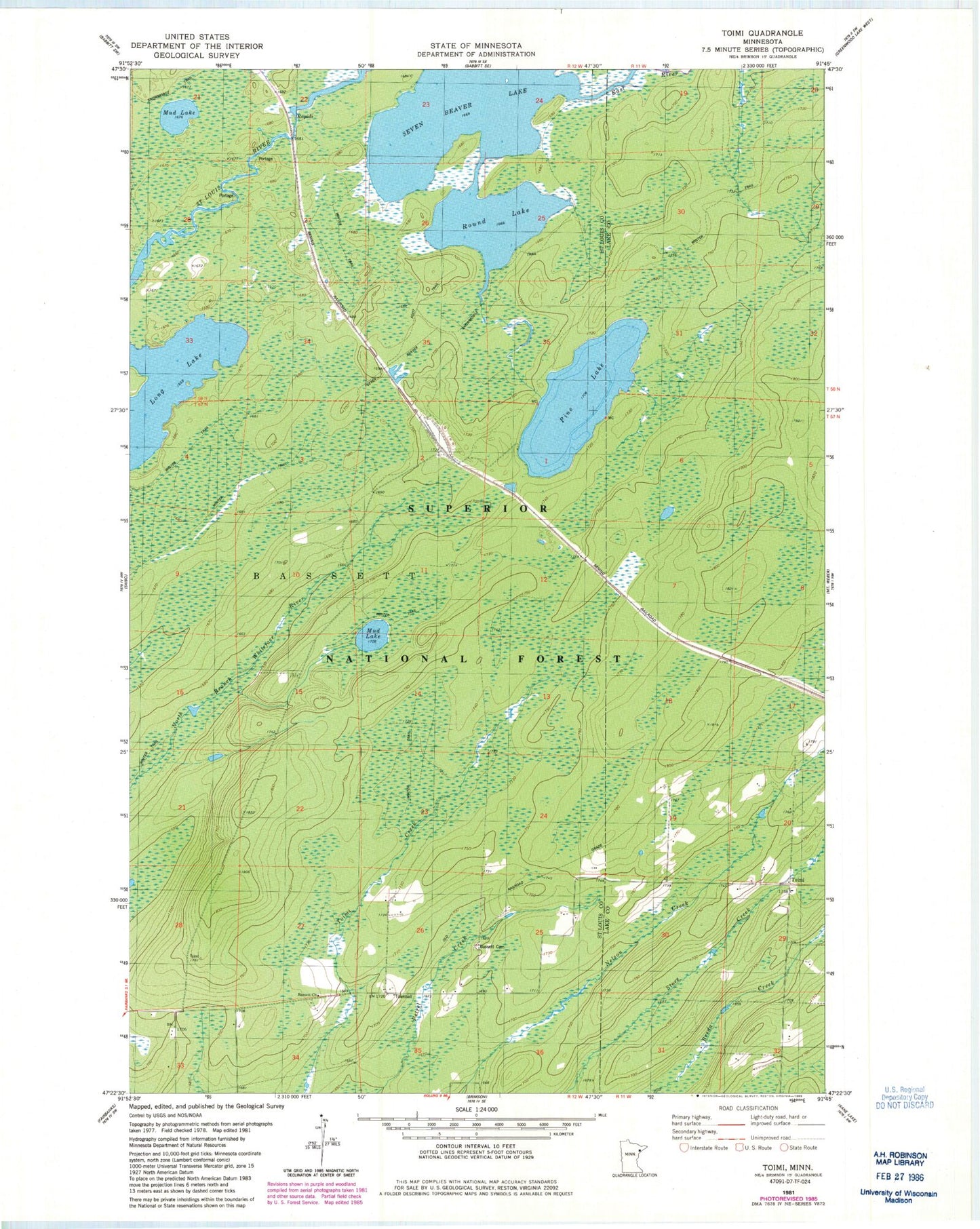 Classic USGS Toimi Minnesota 7.5'x7.5' Topo Map Image