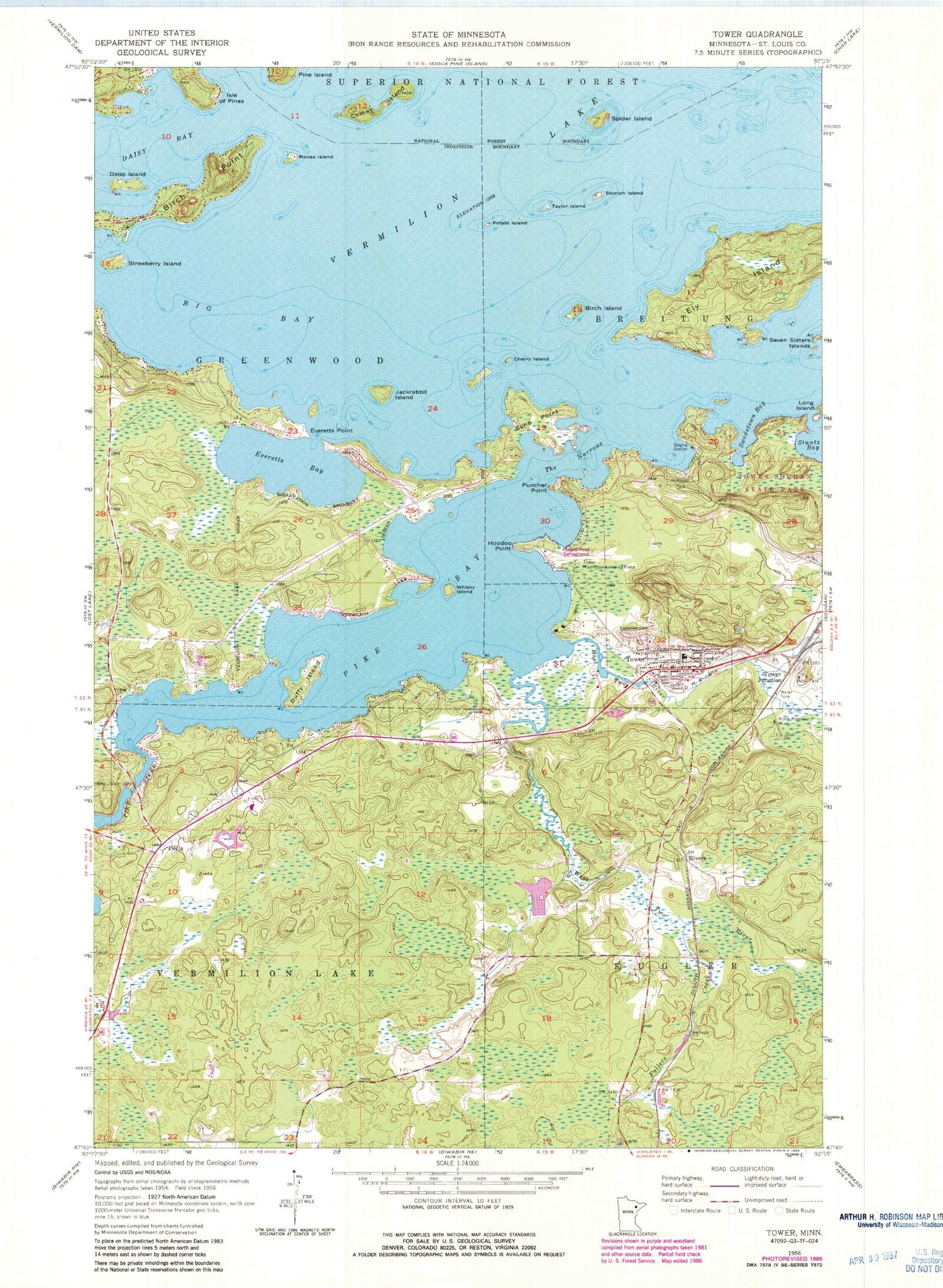 Classic USGS Tower Minnesota 7.5'x7.5' Topo Map Image