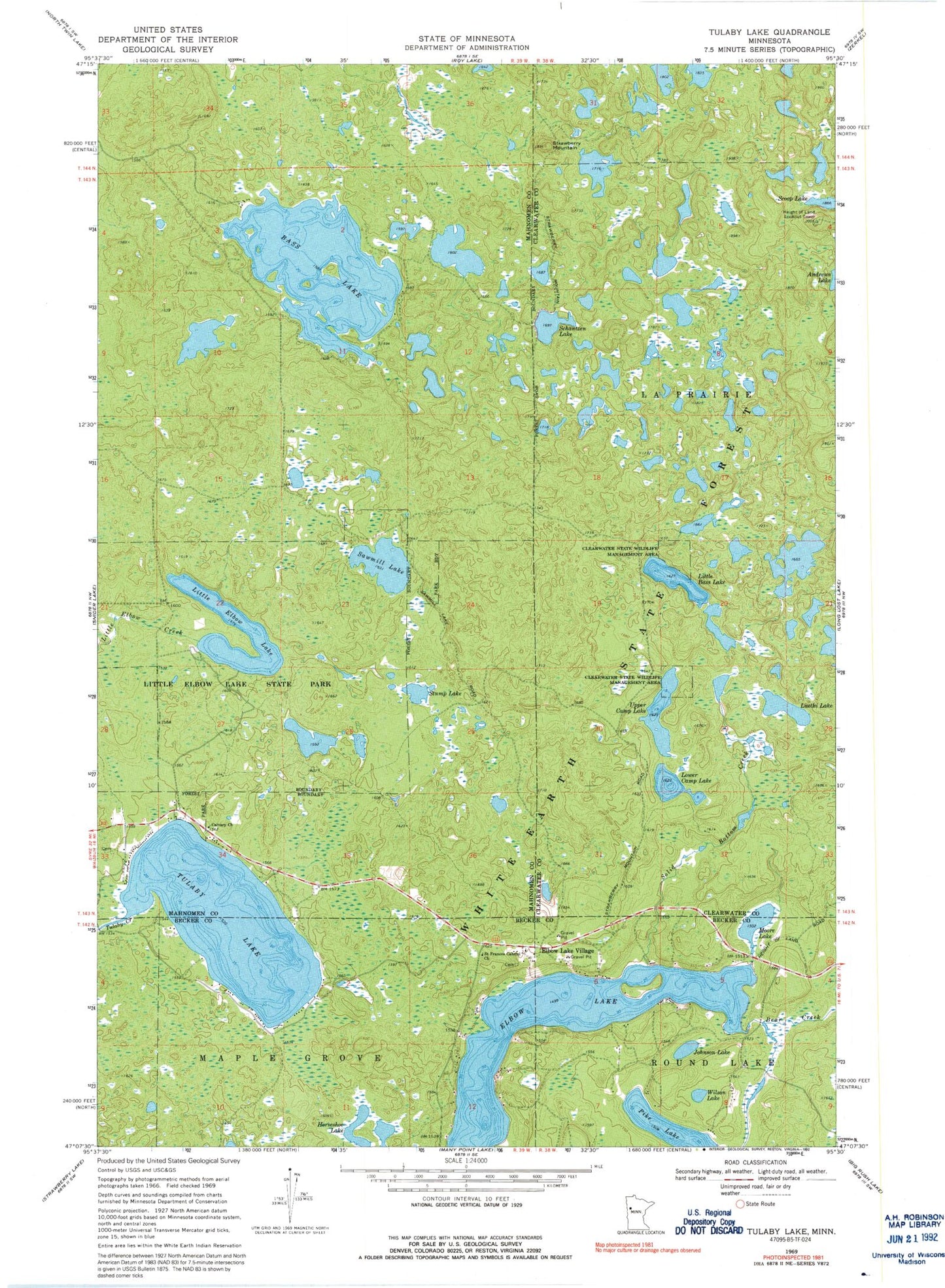 Classic USGS Tulaby Lake Minnesota 7.5'x7.5' Topo Map Image