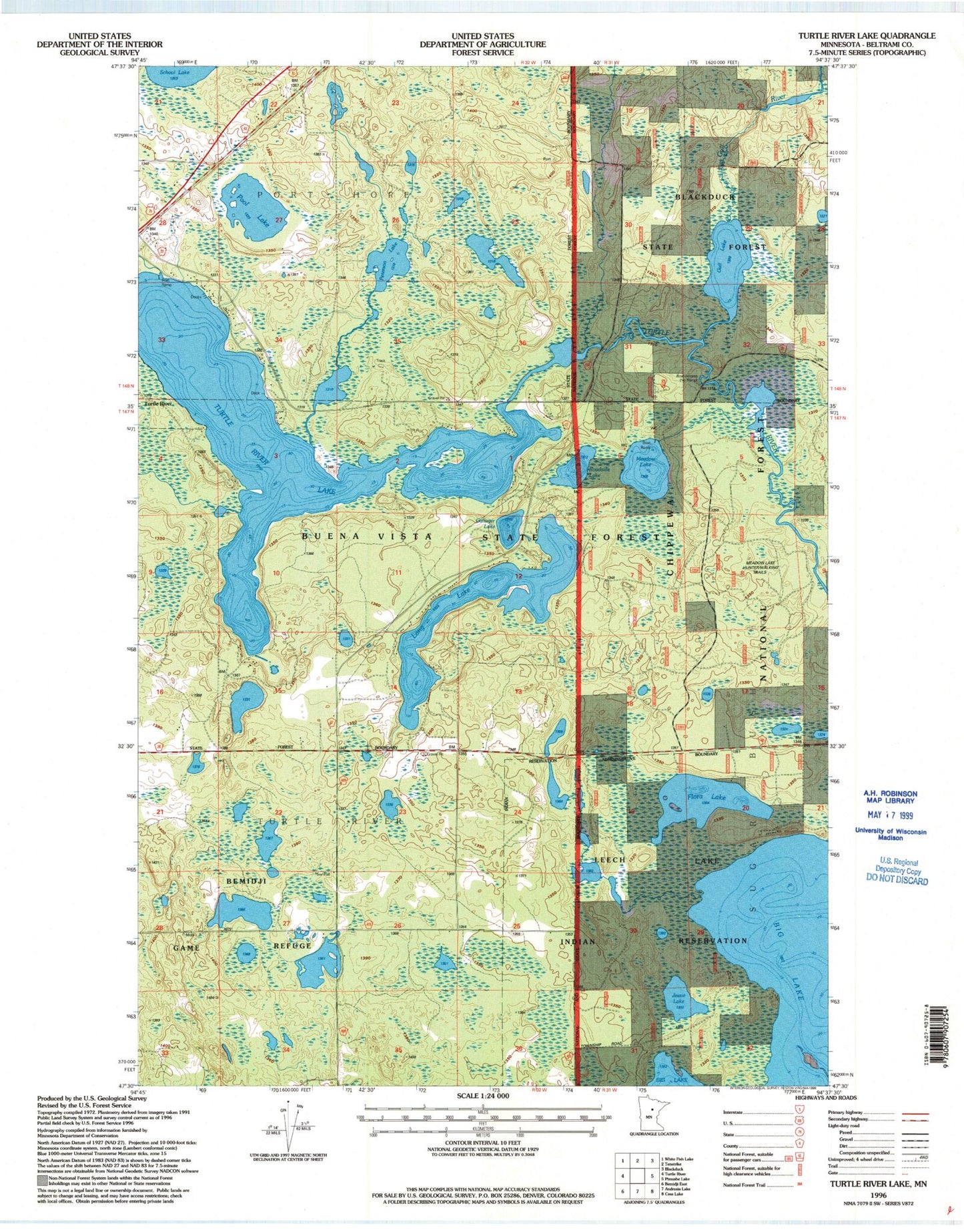 Classic USGS Turtle River Lake Minnesota 7.5'x7.5' Topo Map Image