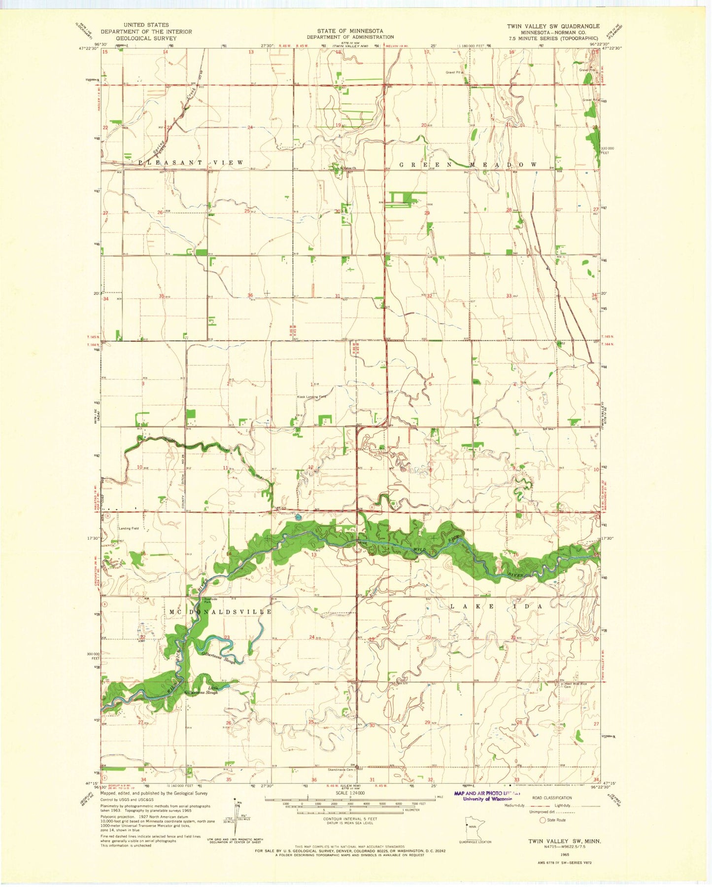 Classic USGS Twin Valley SW Minnesota 7.5'x7.5' Topo Map Image