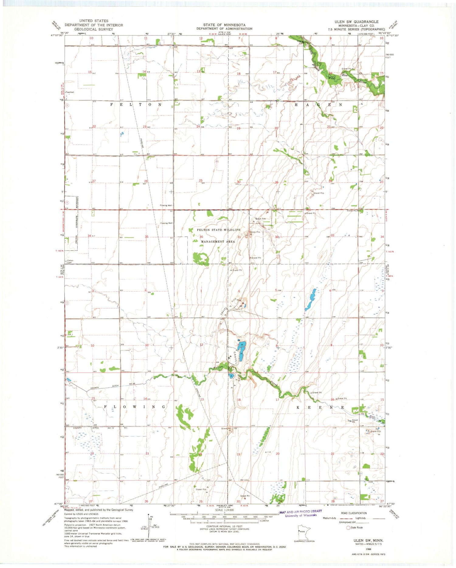 Classic USGS Ulen SW Minnesota 7.5'x7.5' Topo Map Image