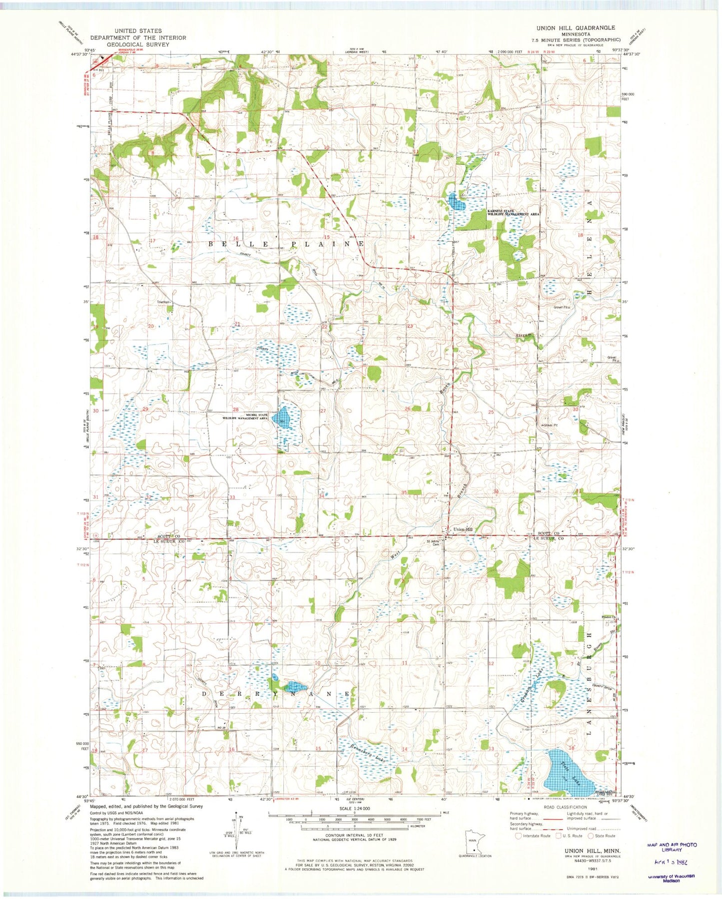 Classic USGS Union Hill Minnesota 7.5'x7.5' Topo Map Image