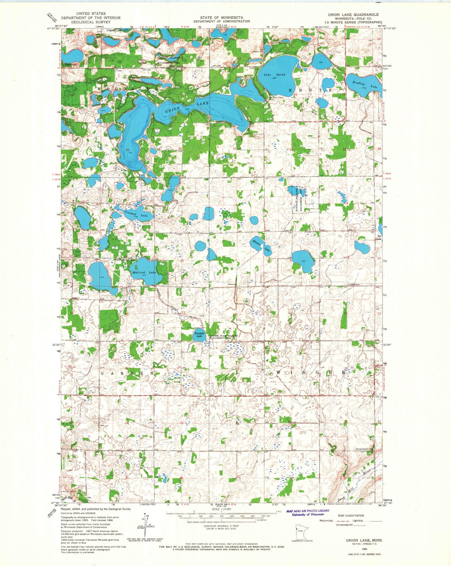 Classic USGS Union Lake Minnesota 7.5'x7.5' Topo Map Image