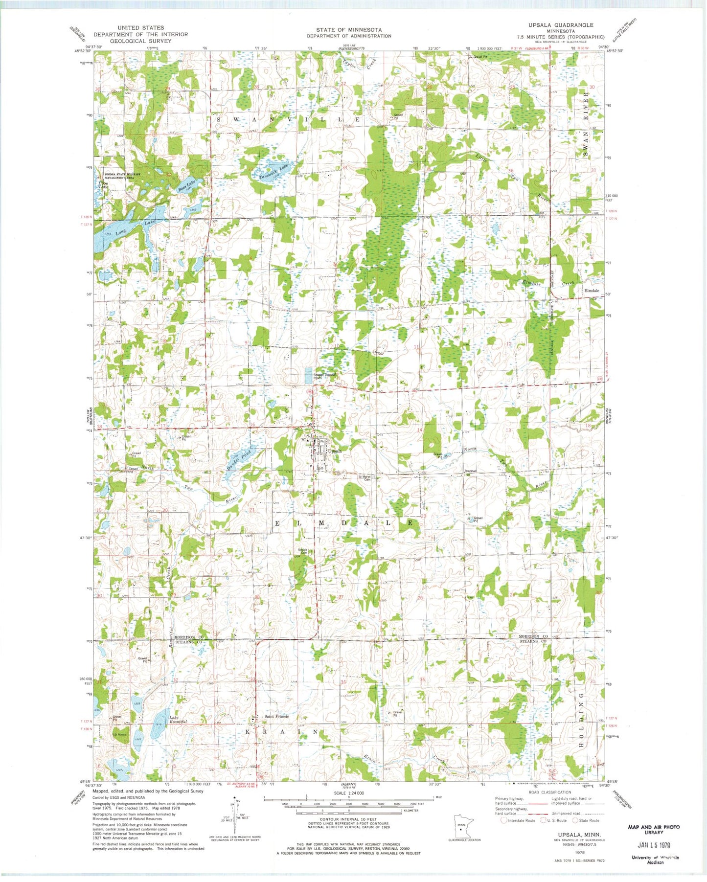 Classic USGS Upsala Minnesota 7.5'x7.5' Topo Map Image