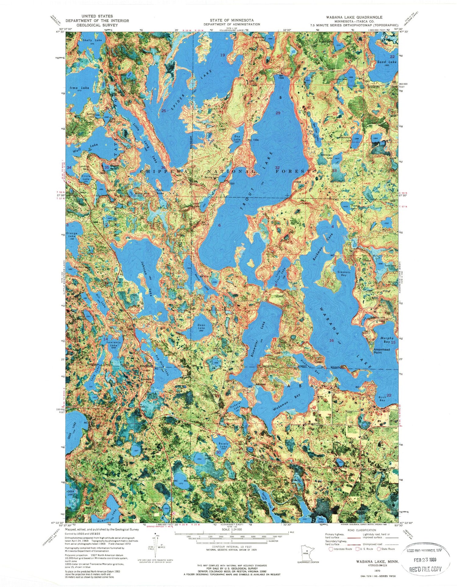 Classic USGS Wabana Lake Minnesota 7.5'x7.5' Topo Map Image