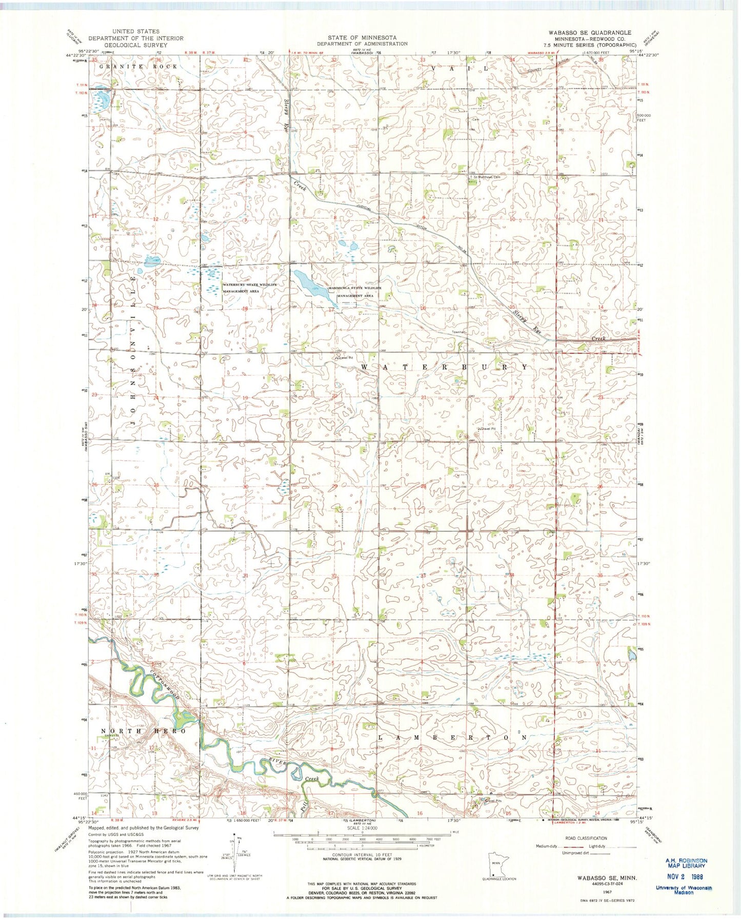 Classic USGS Wabasso SE Minnesota 7.5'x7.5' Topo Map Image