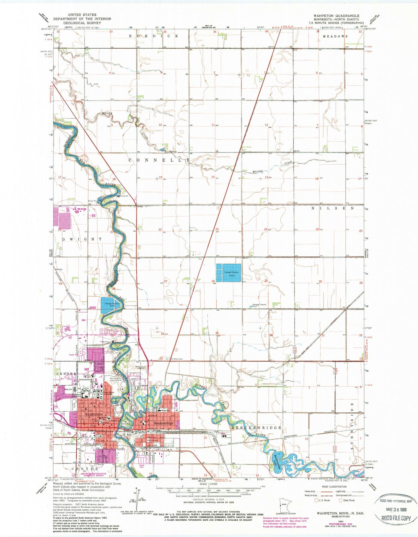 Classic USGS Wahpeton North Dakota 7.5'x7.5' Topo Map Image