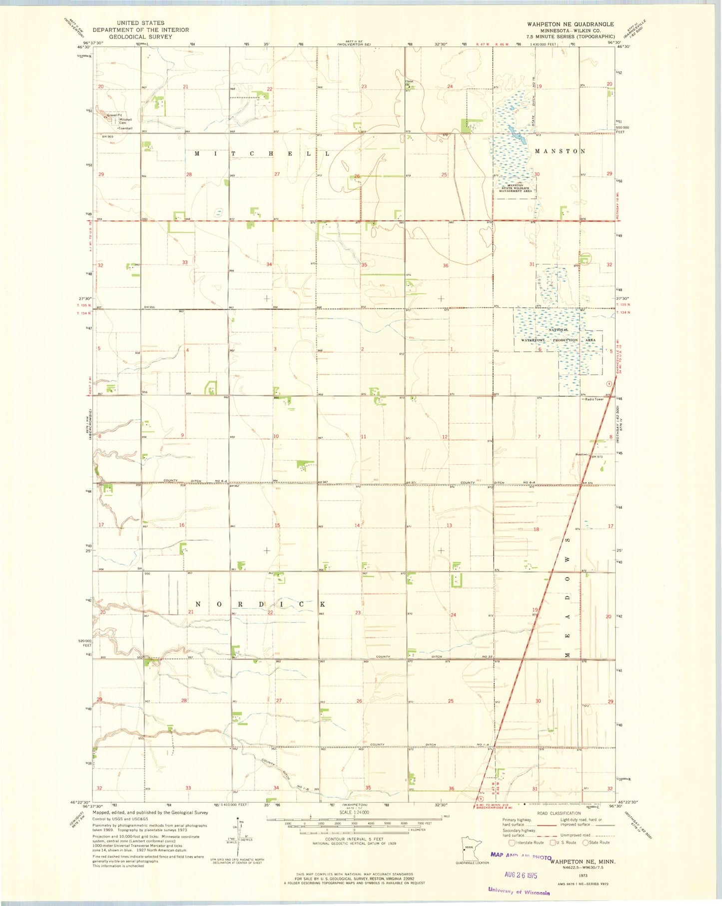 Classic USGS Wahpeton NE Minnesota 7.5'x7.5' Topo Map Image