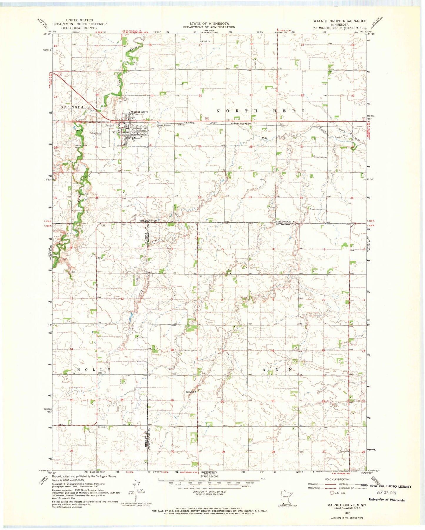 Classic USGS Walnut Grove Minnesota 7.5'x7.5' Topo Map Image