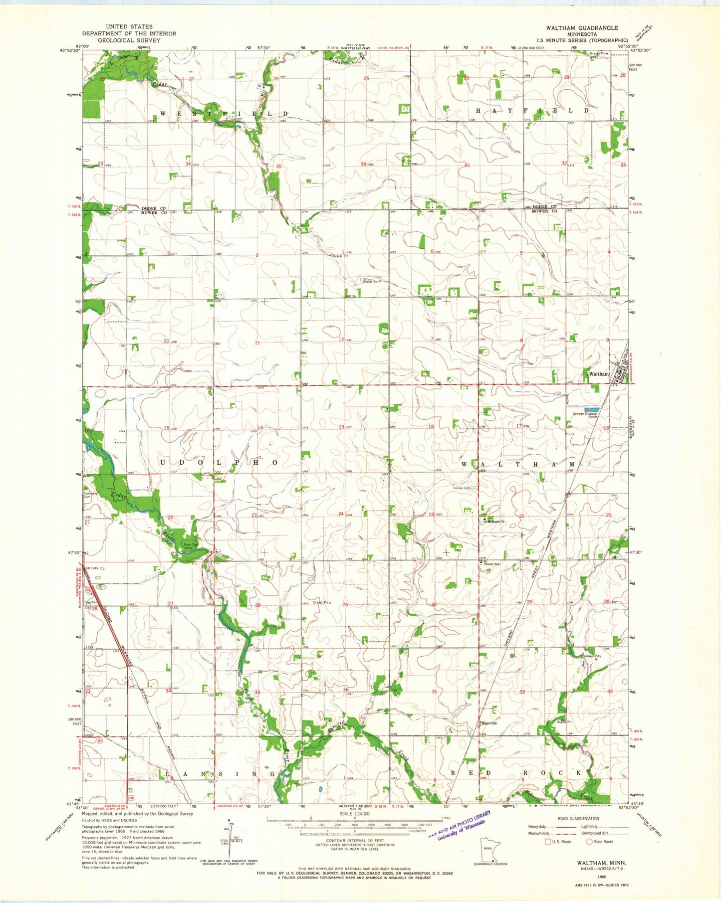 Classic USGS Waltham Minnesota 7.5'x7.5' Topo Map Image
