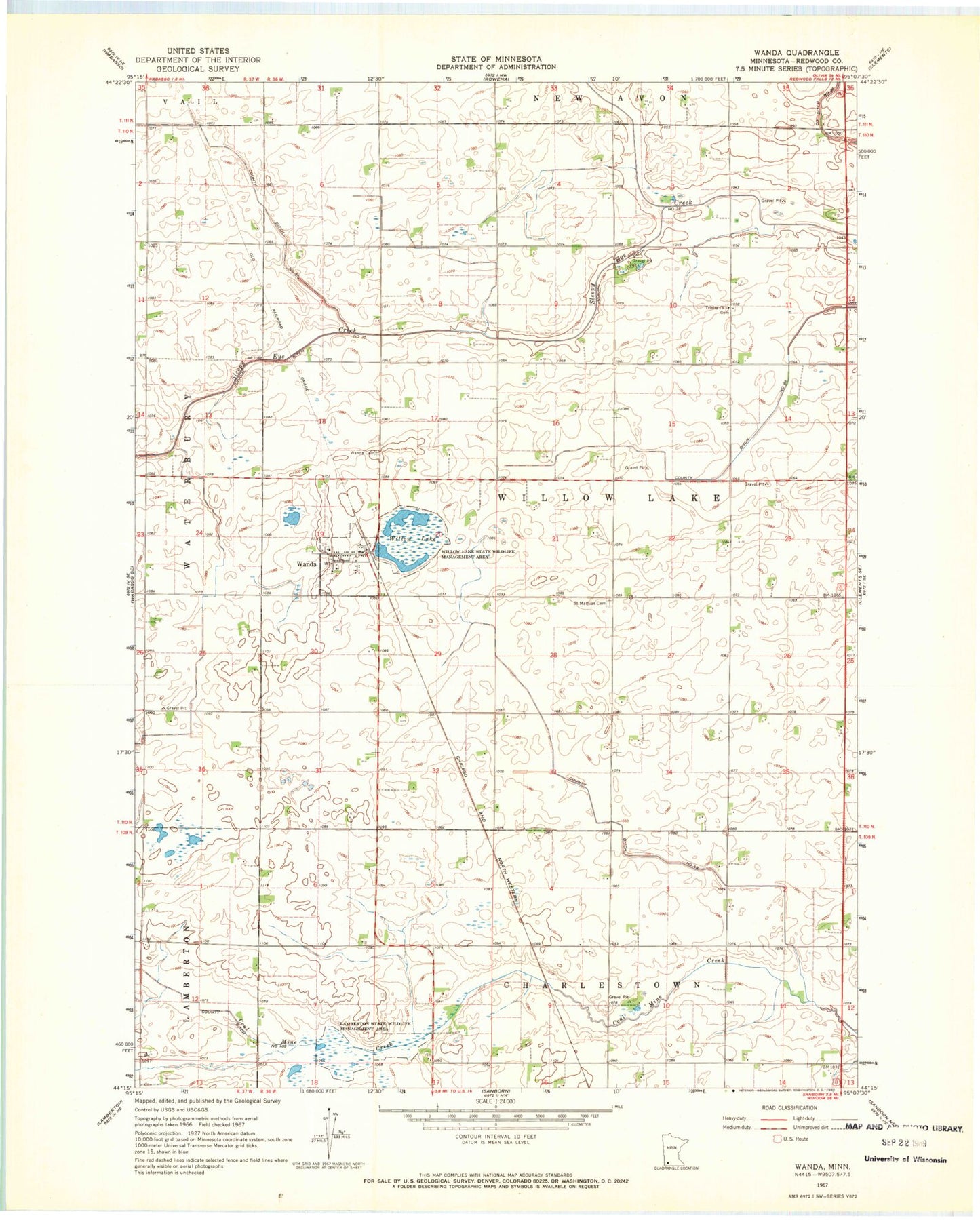 Classic USGS Wanda Minnesota 7.5'x7.5' Topo Map Image