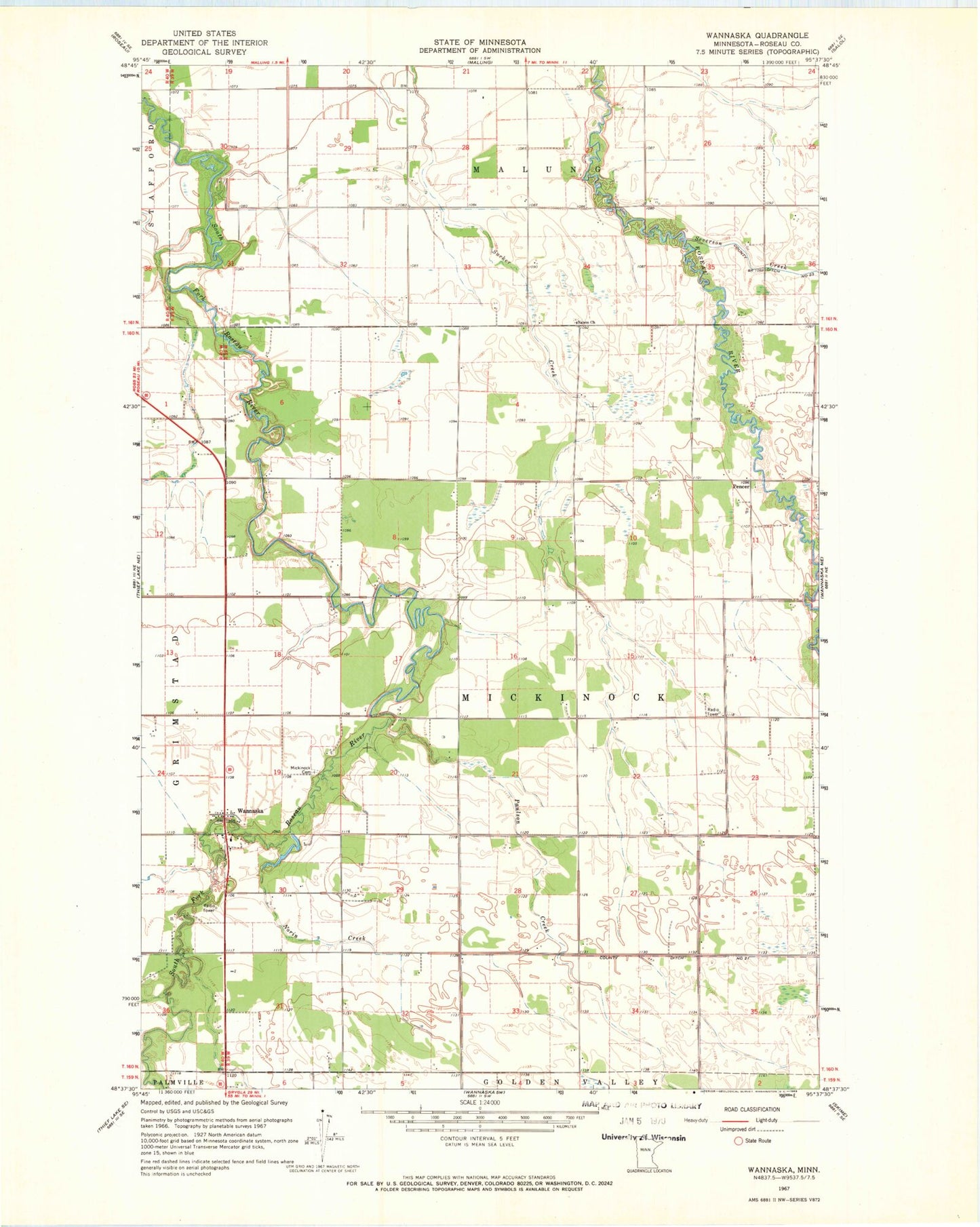 Classic USGS Wannaska Minnesota 7.5'x7.5' Topo Map Image