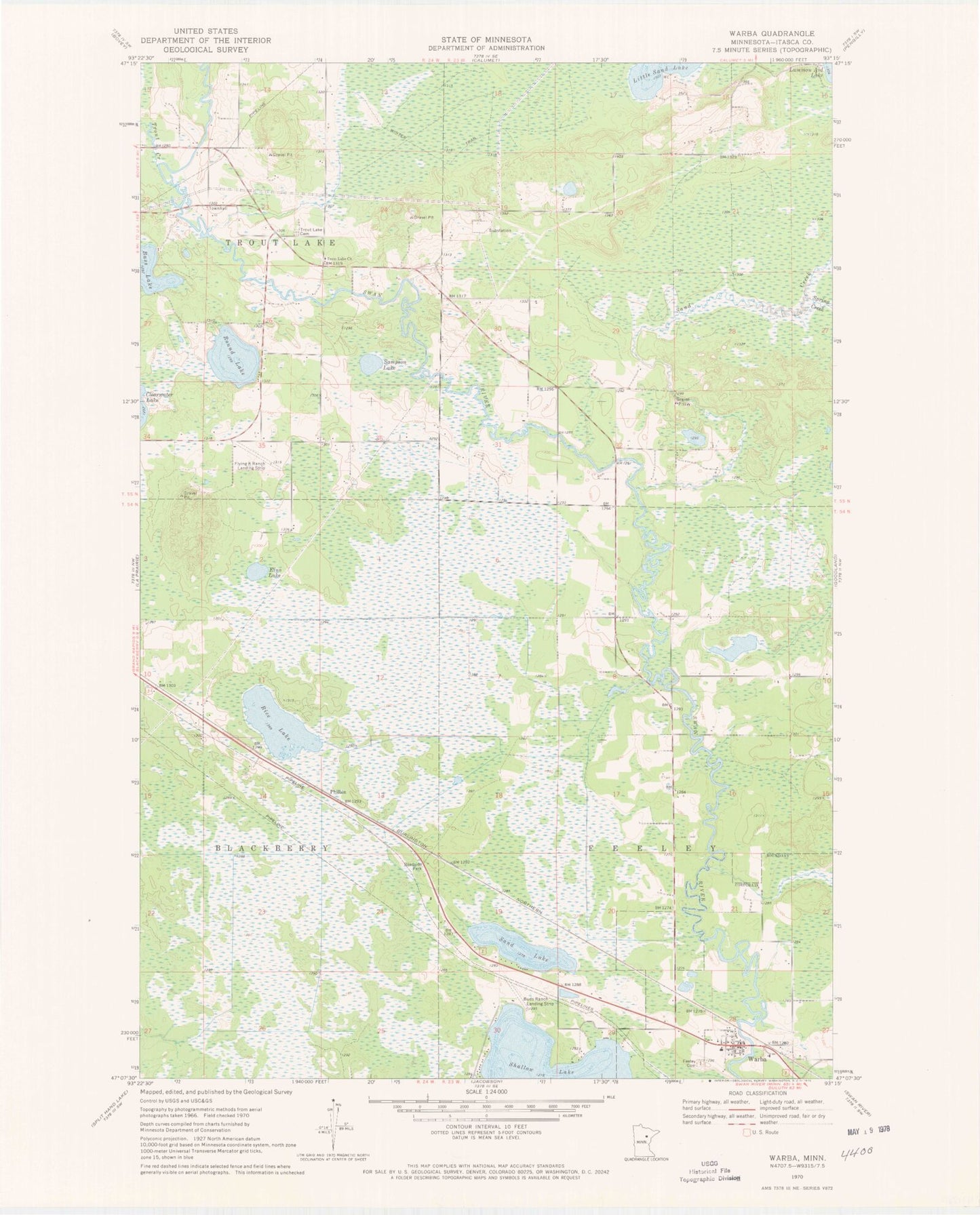 Classic USGS Warba Minnesota 7.5'x7.5' Topo Map Image