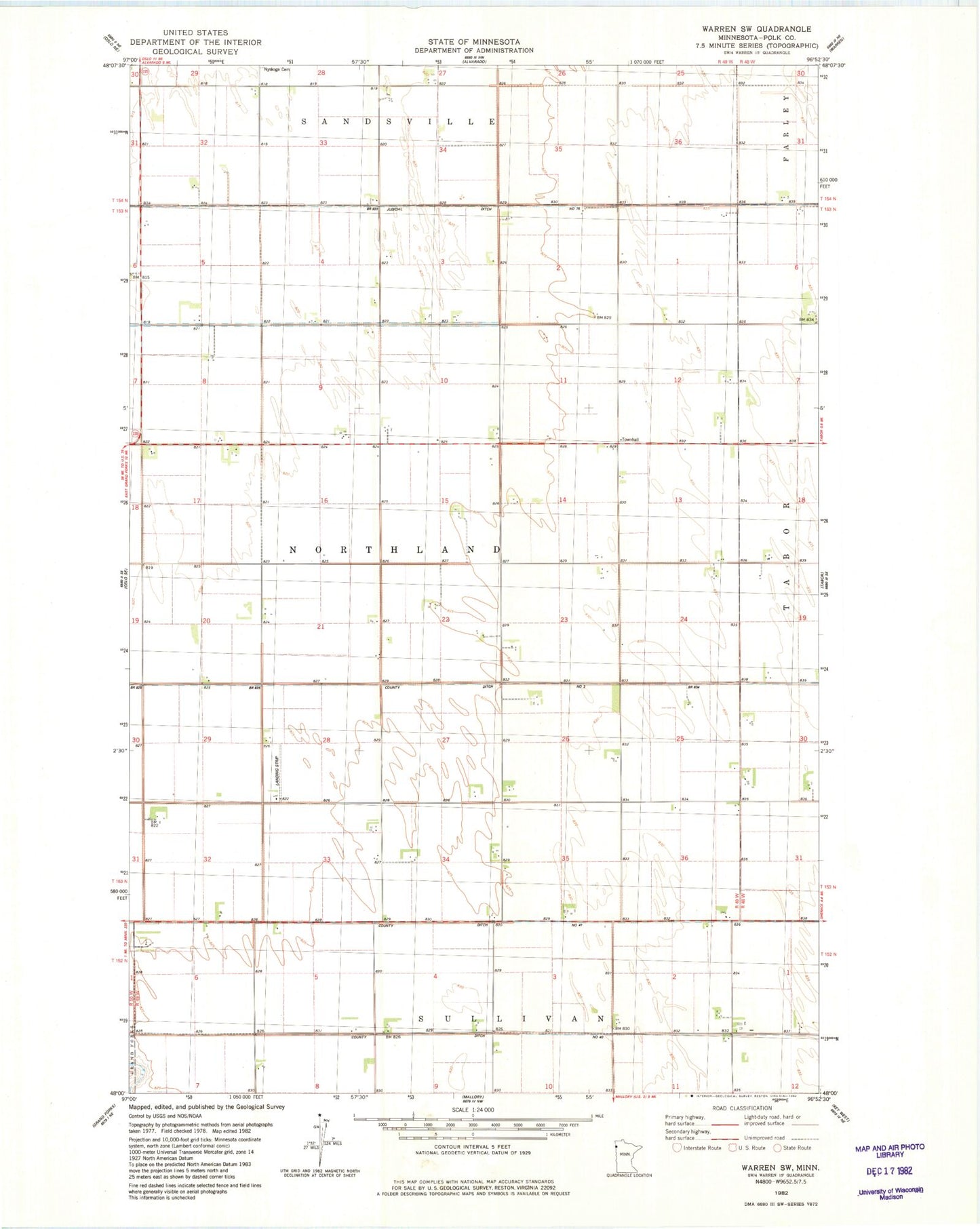 Classic USGS Warren SW Minnesota 7.5'x7.5' Topo Map Image