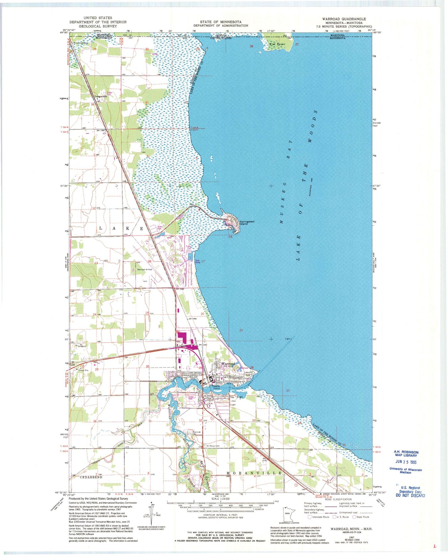 Classic USGS Warroad Minnesota 7.5'x7.5' Topo Map Image