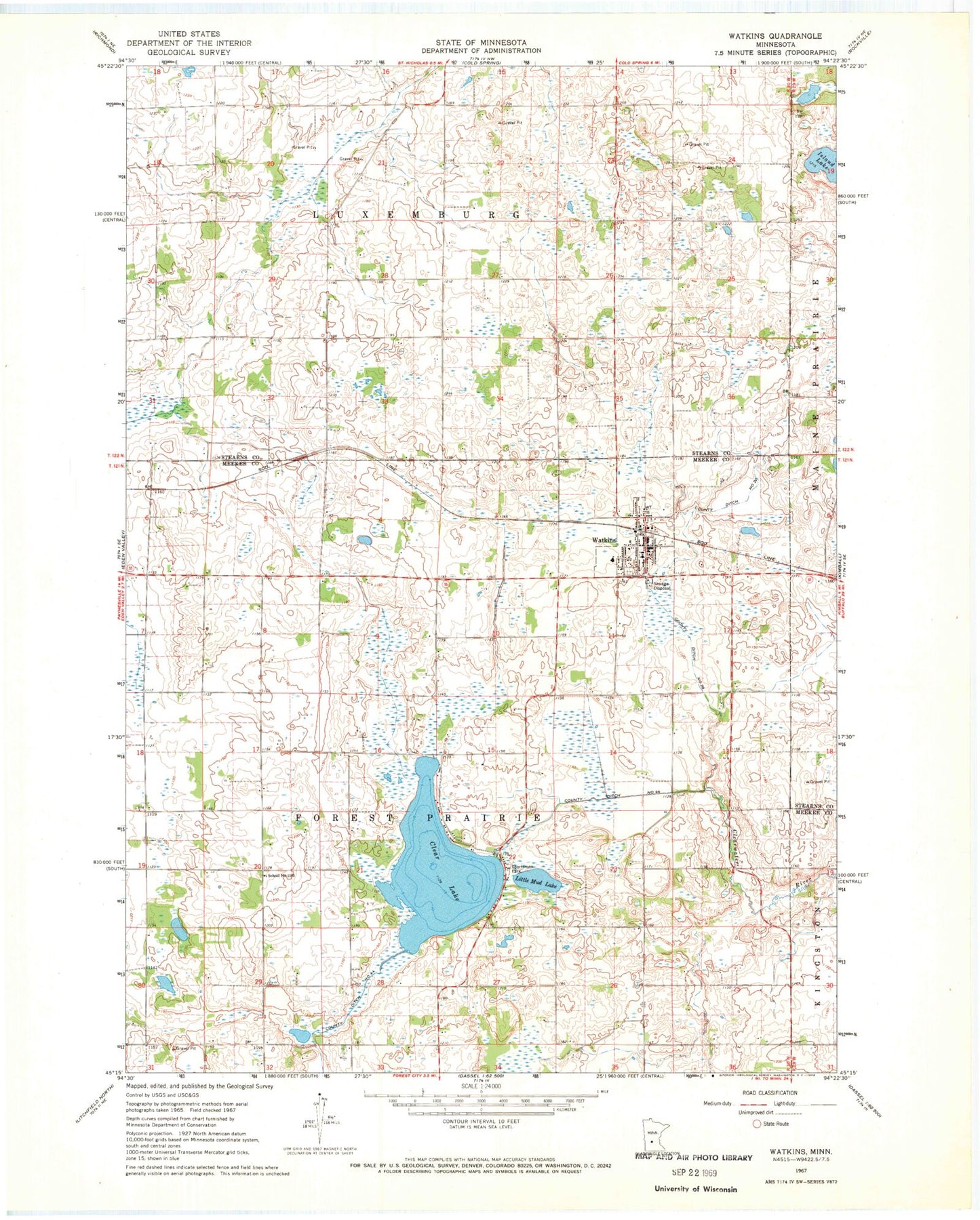 Classic USGS Watkins Minnesota 7.5'x7.5' Topo Map Image