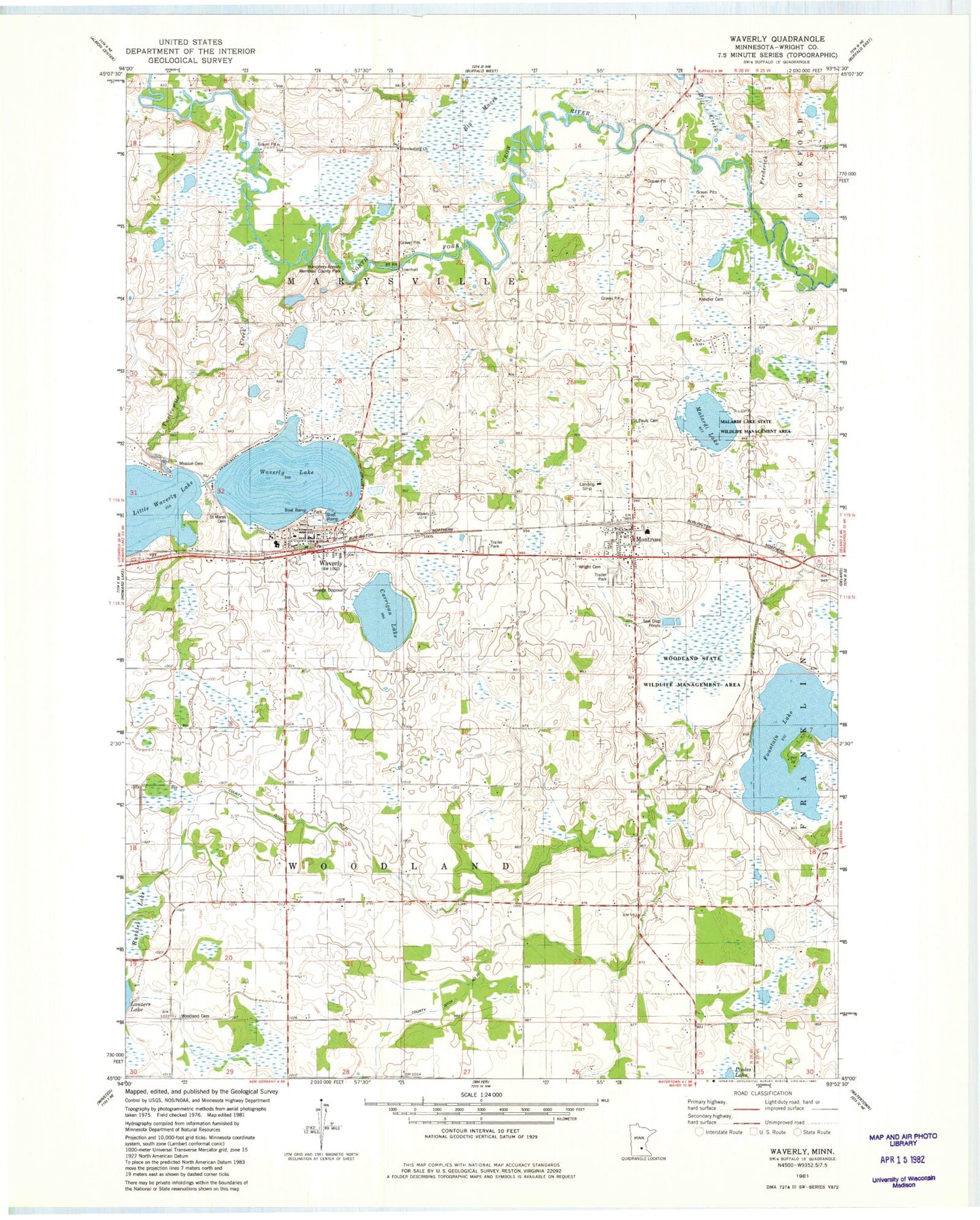 Classic USGS Waverly Minnesota 7.5'x7.5' Topo Map Image