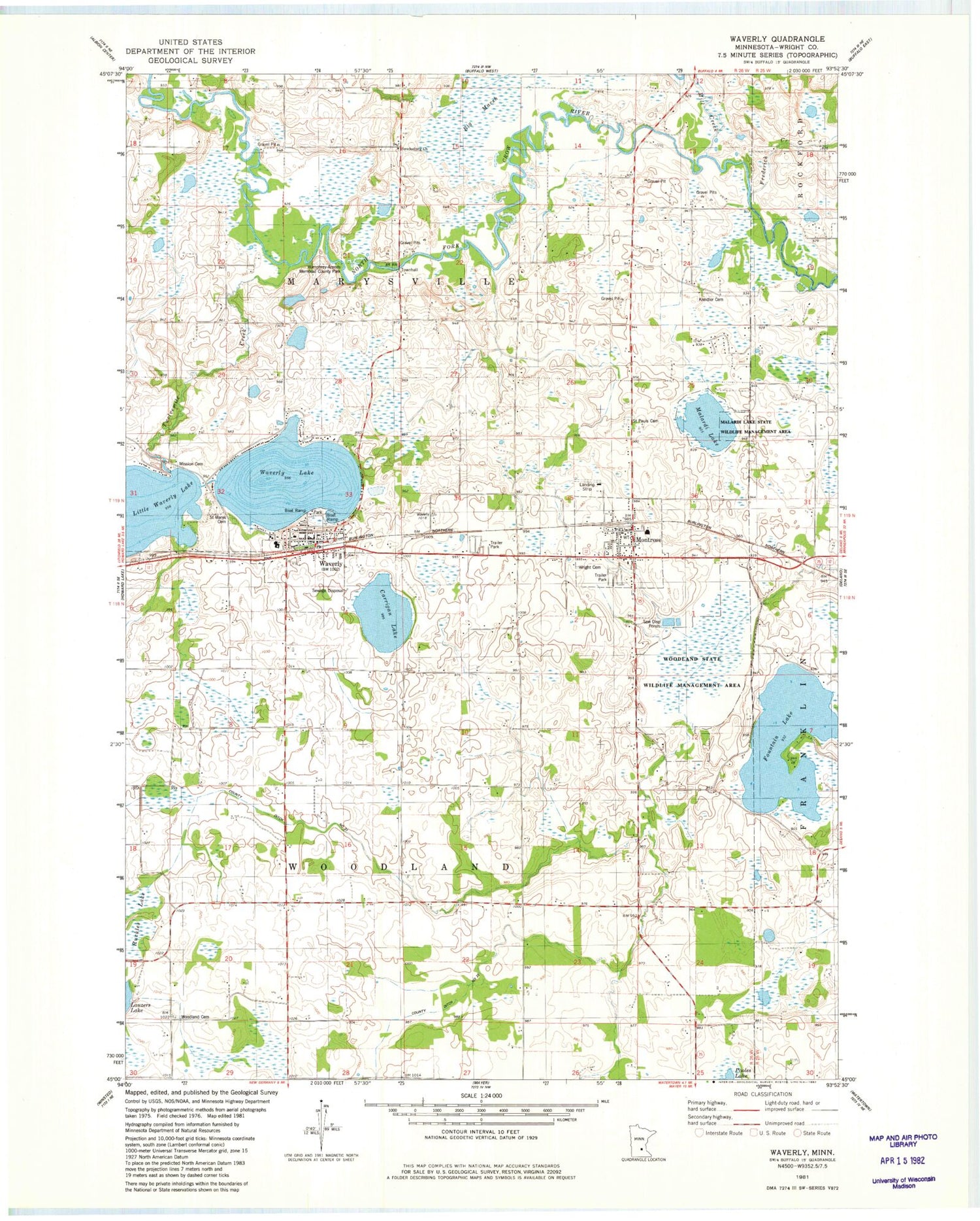 Classic USGS Waverly Minnesota 7.5'x7.5' Topo Map Image