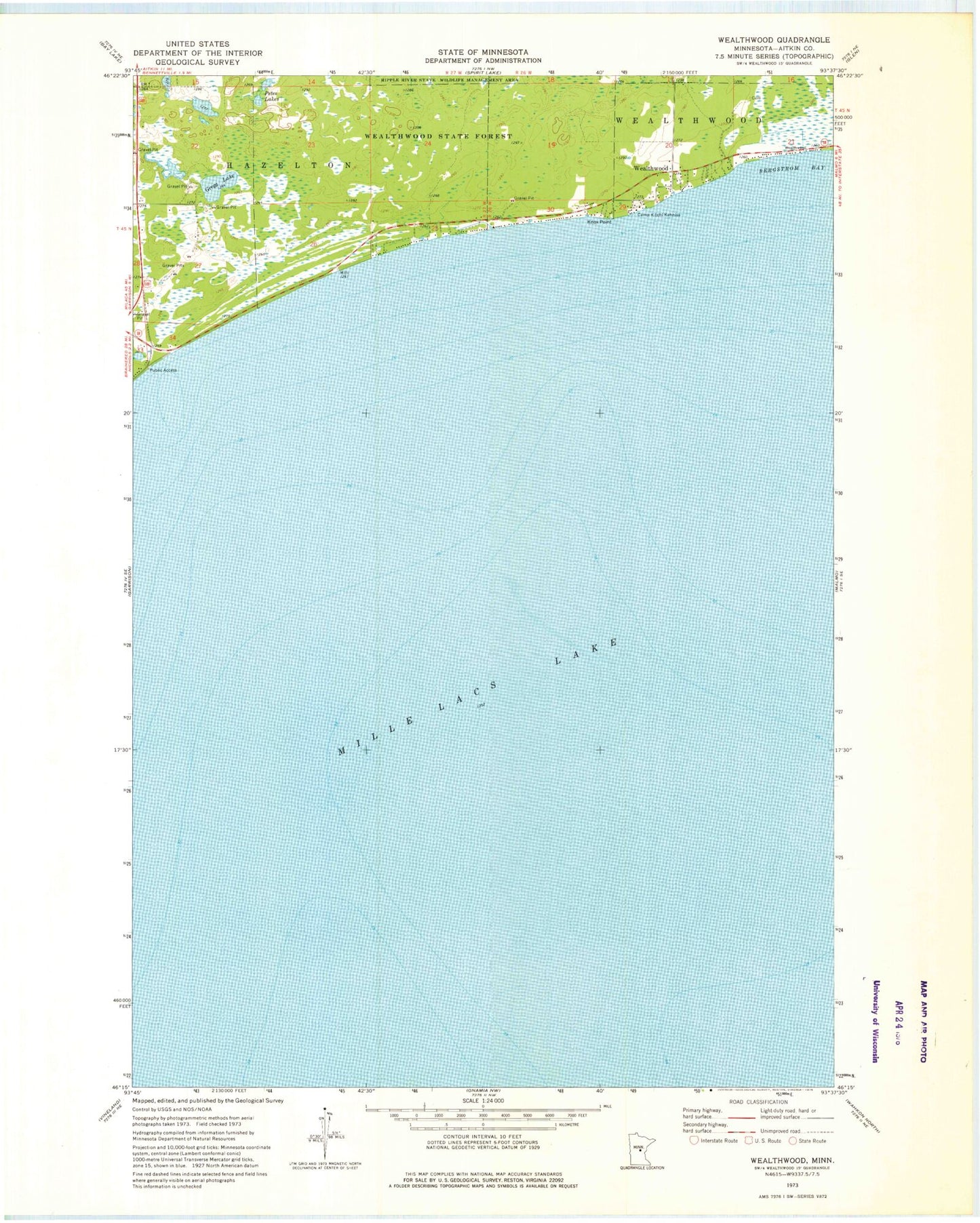Classic USGS Wealthwood Minnesota 7.5'x7.5' Topo Map Image
