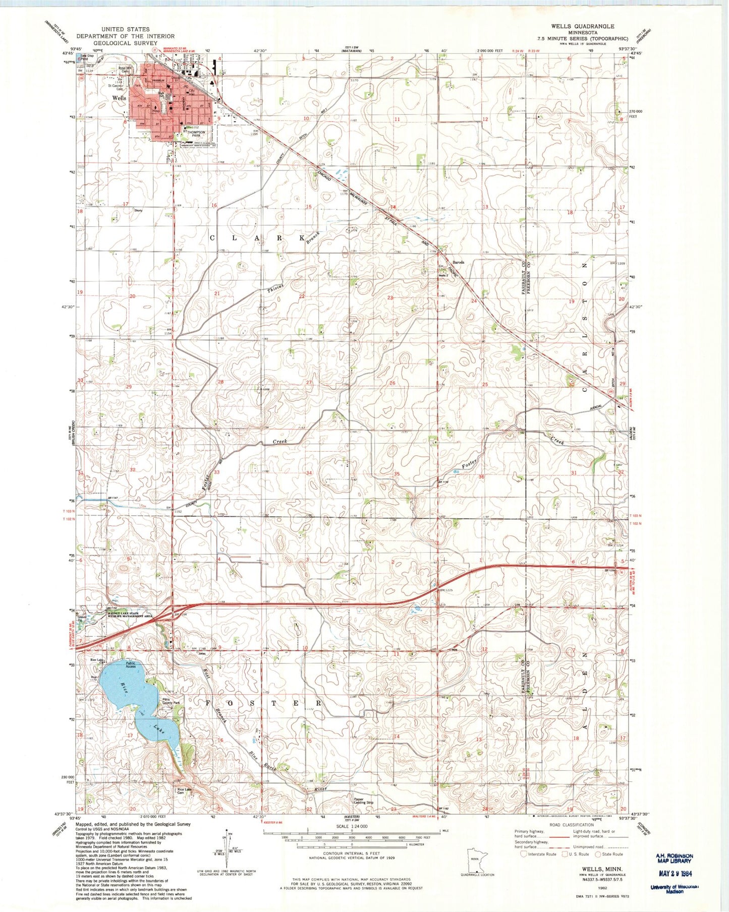 Classic USGS Wells Minnesota 7.5'x7.5' Topo Map Image