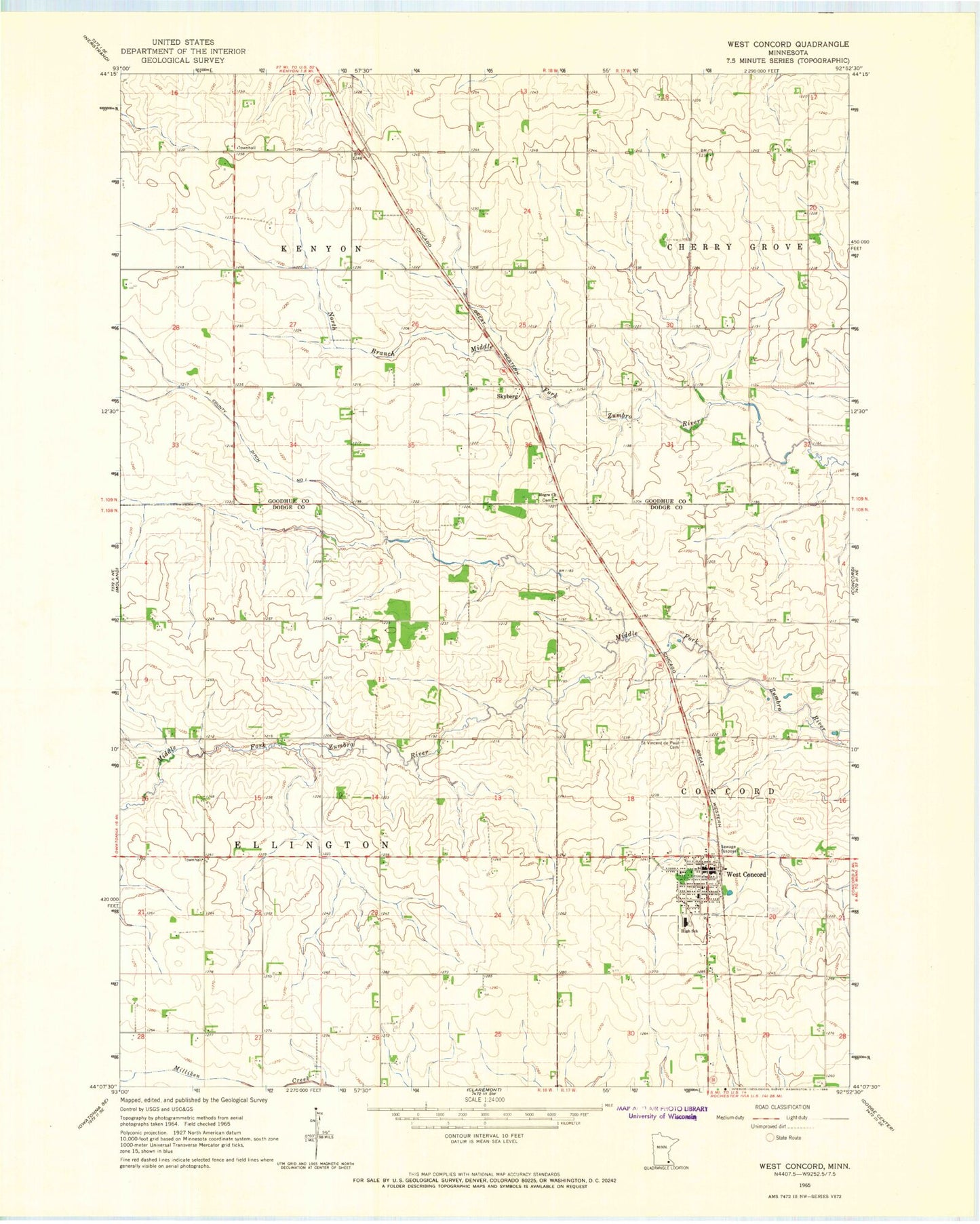 Classic USGS West Concord Minnesota 7.5'x7.5' Topo Map Image
