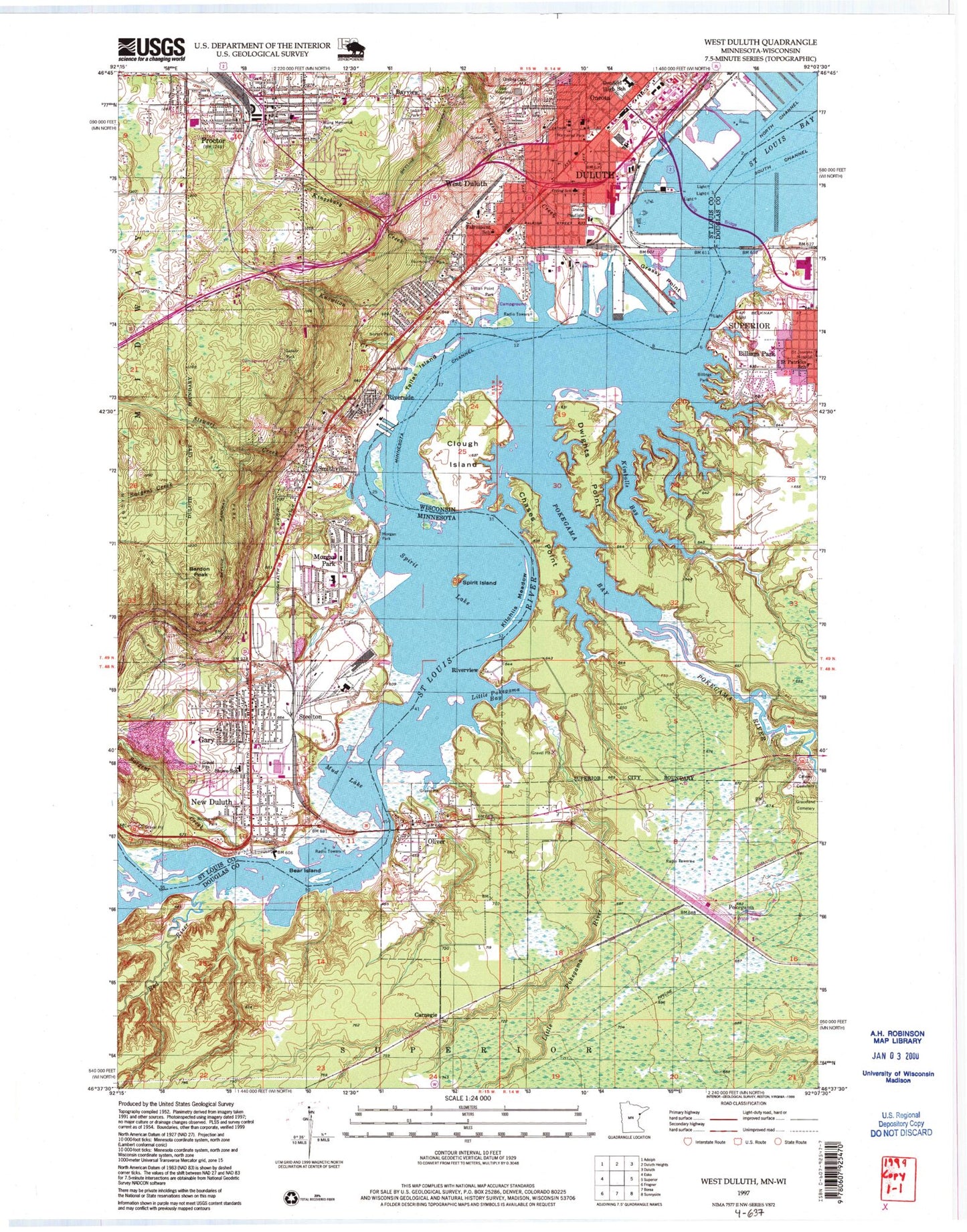 Classic USGS West Duluth Minnesota 7.5'x7.5' Topo Map Image