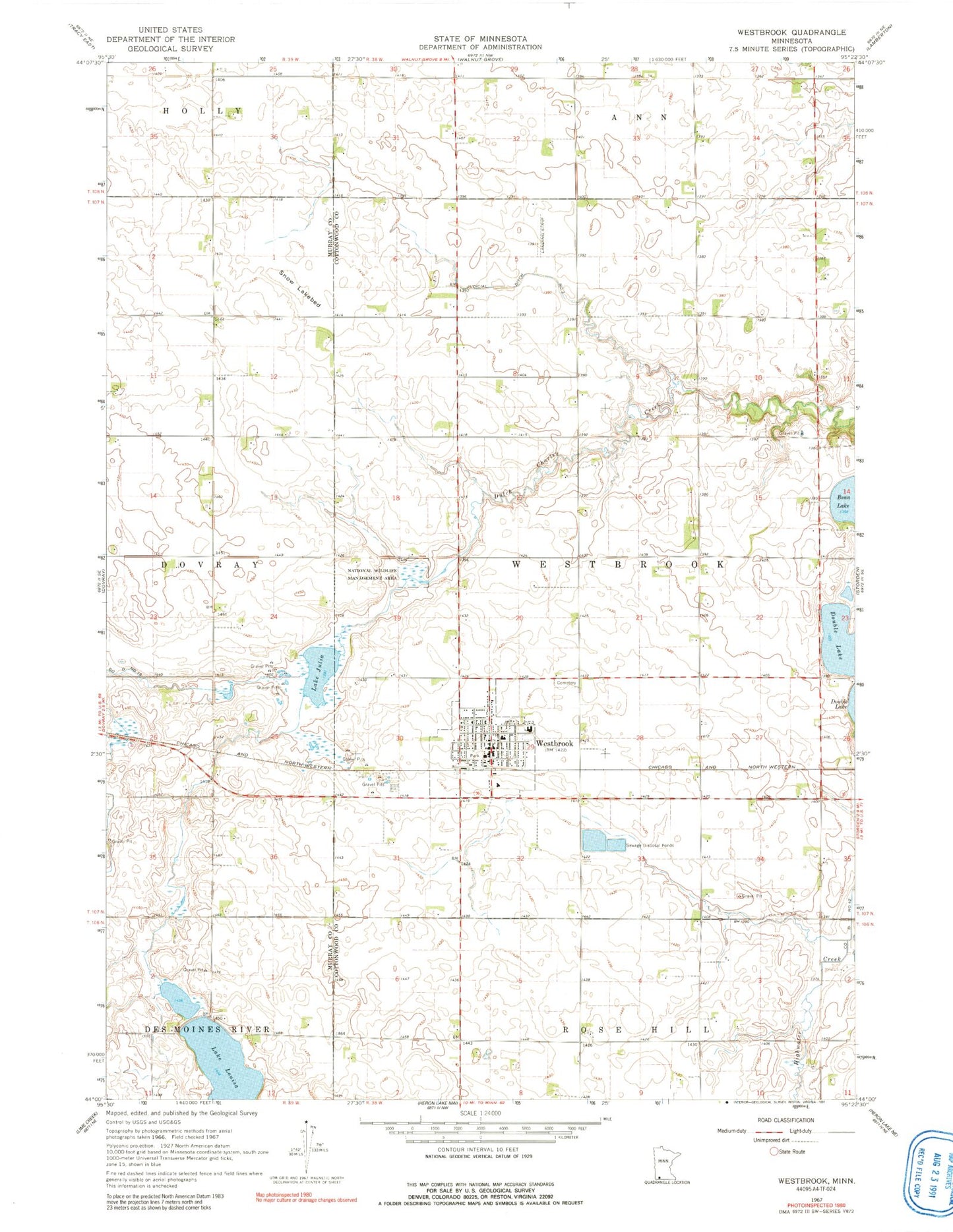 Classic USGS Westbrook Minnesota 7.5'x7.5' Topo Map Image