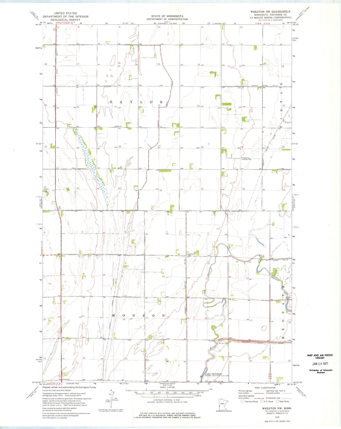 Classic USGS Wheaton NW Minnesota 7.5'x7.5' Topo Map Image