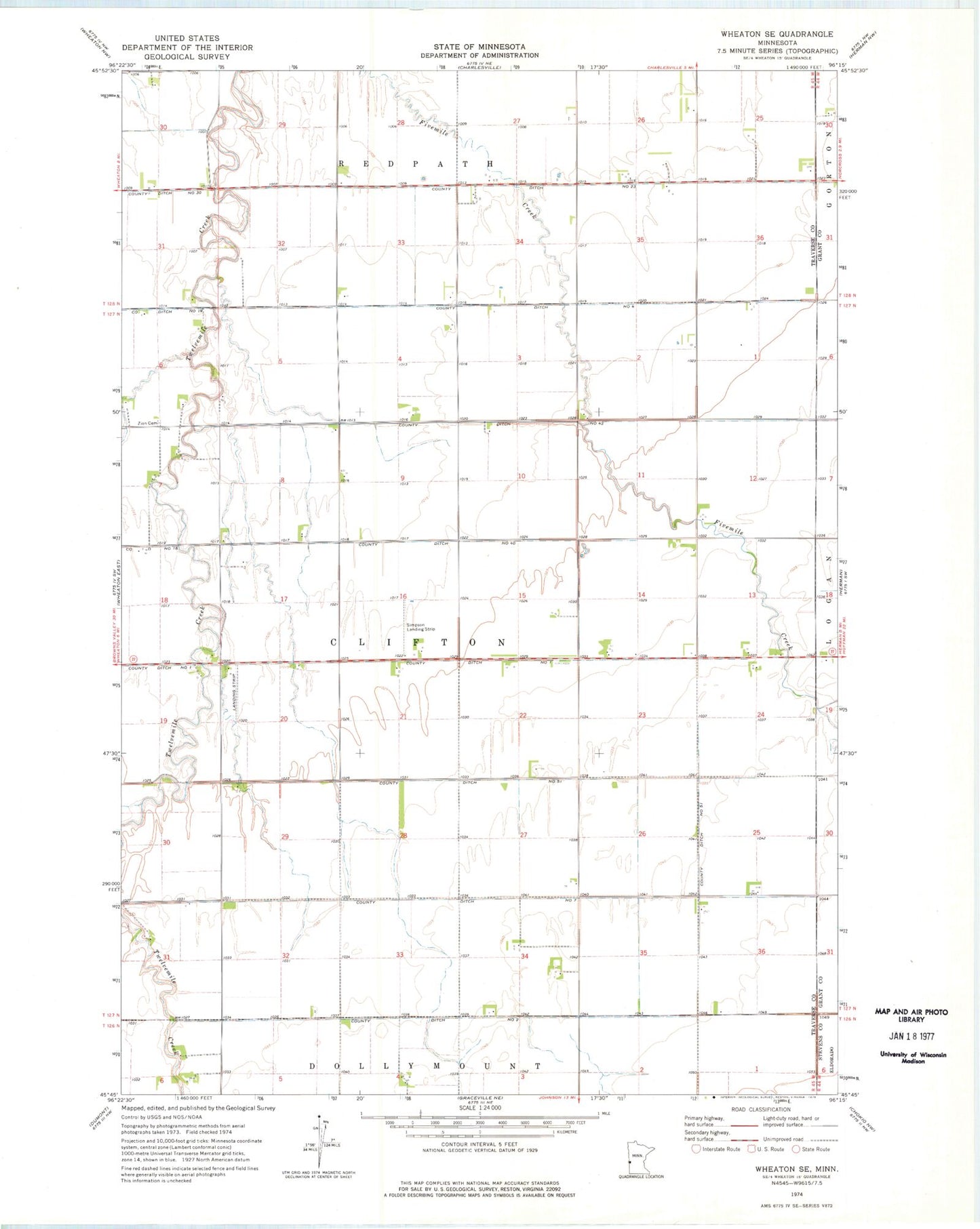Classic USGS Wheaton SE Minnesota 7.5'x7.5' Topo Map Image
