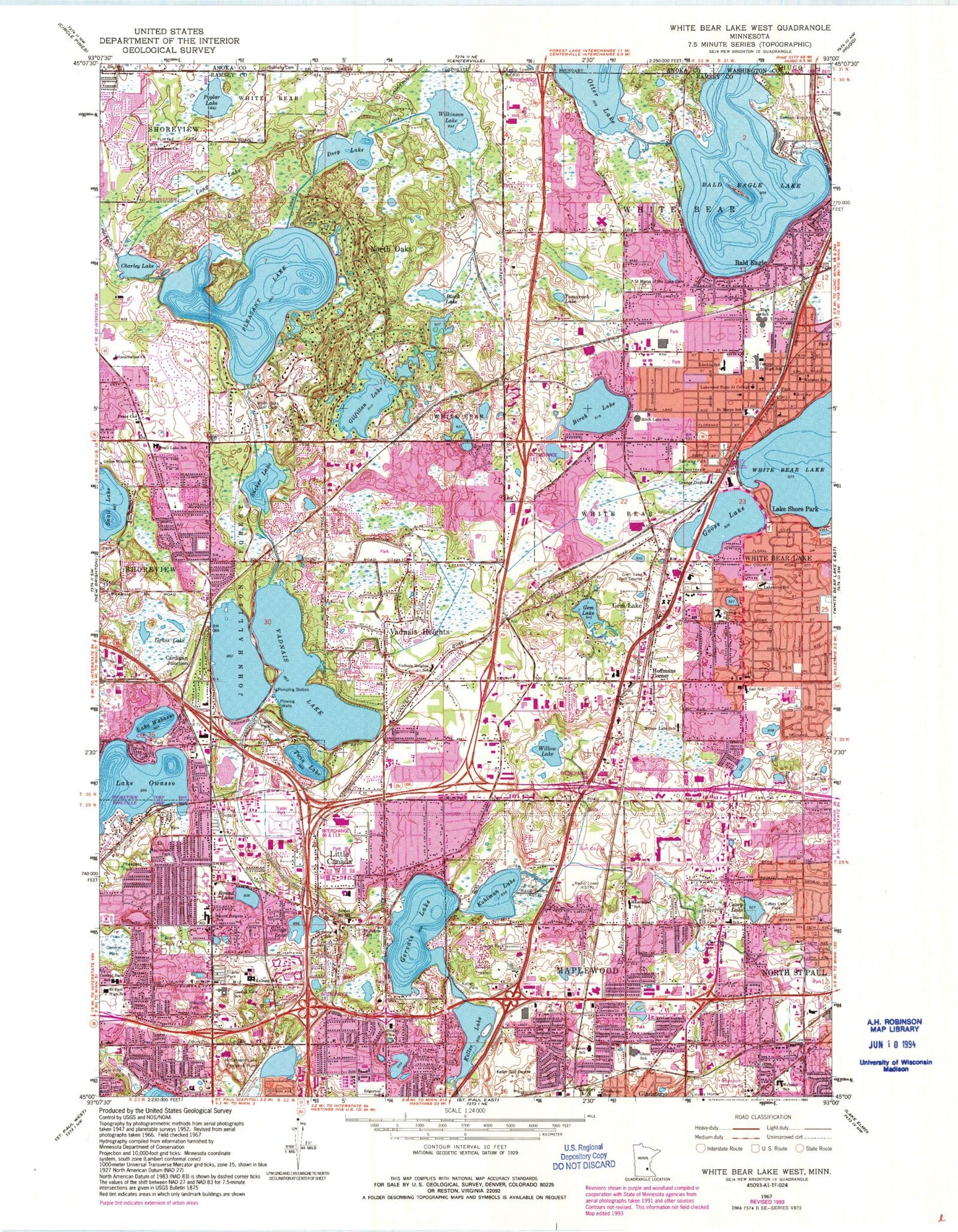 Classic USGS White Bear Lake West Minnesota 7.5'x7.5' Topo Map Image
