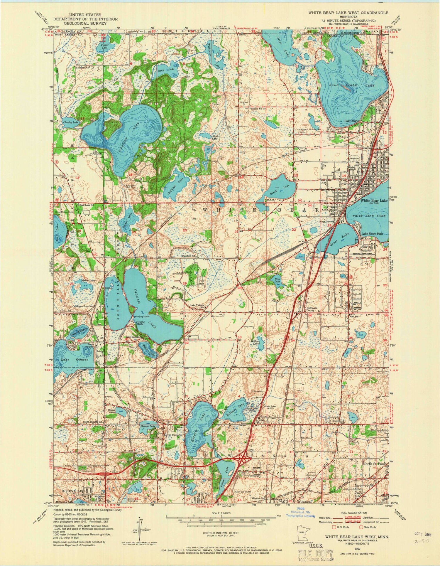 Classic USGS White Bear Lake West Minnesota 7.5'x7.5' Topo Map Image