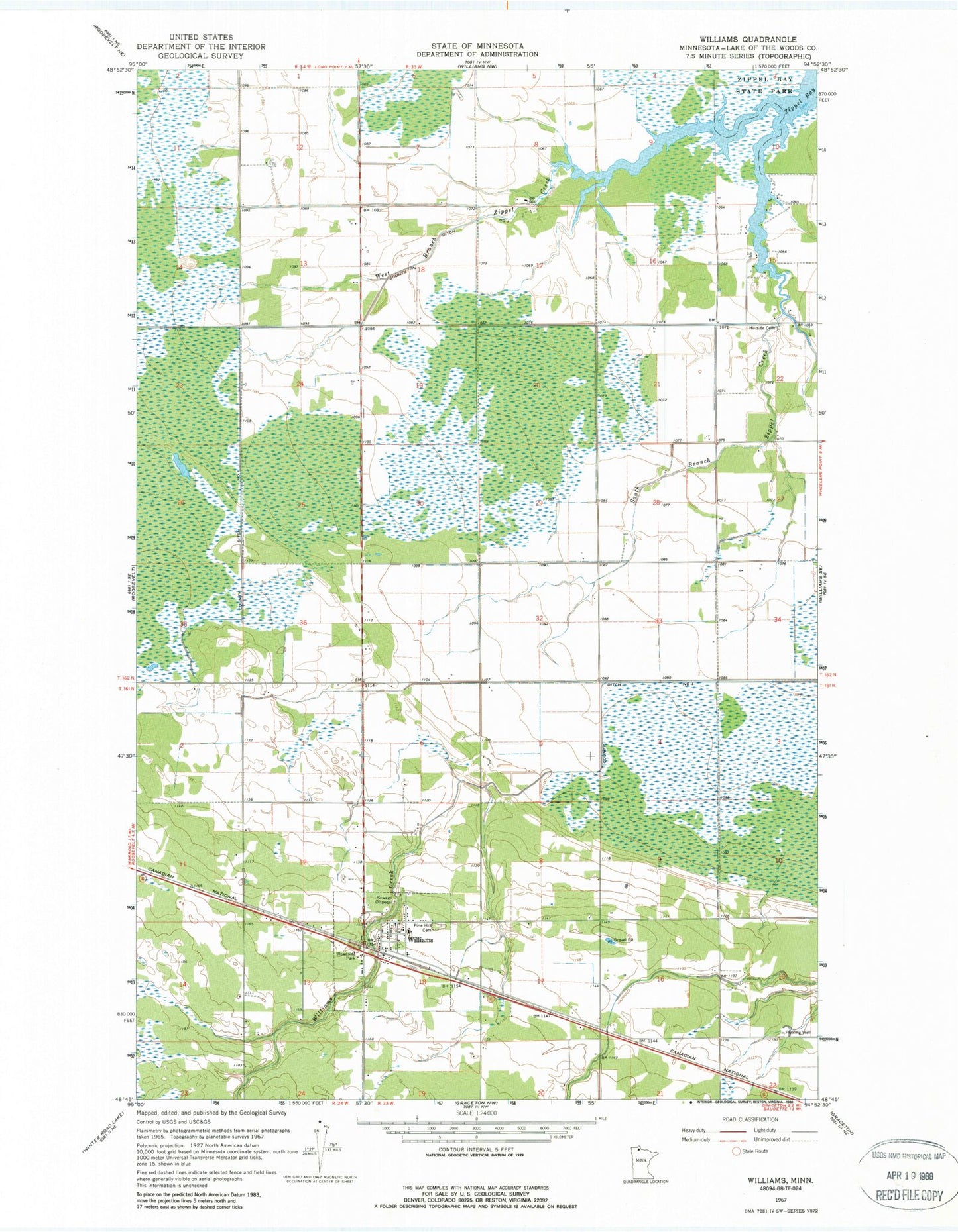 Classic USGS Williams Minnesota 7.5'x7.5' Topo Map Image