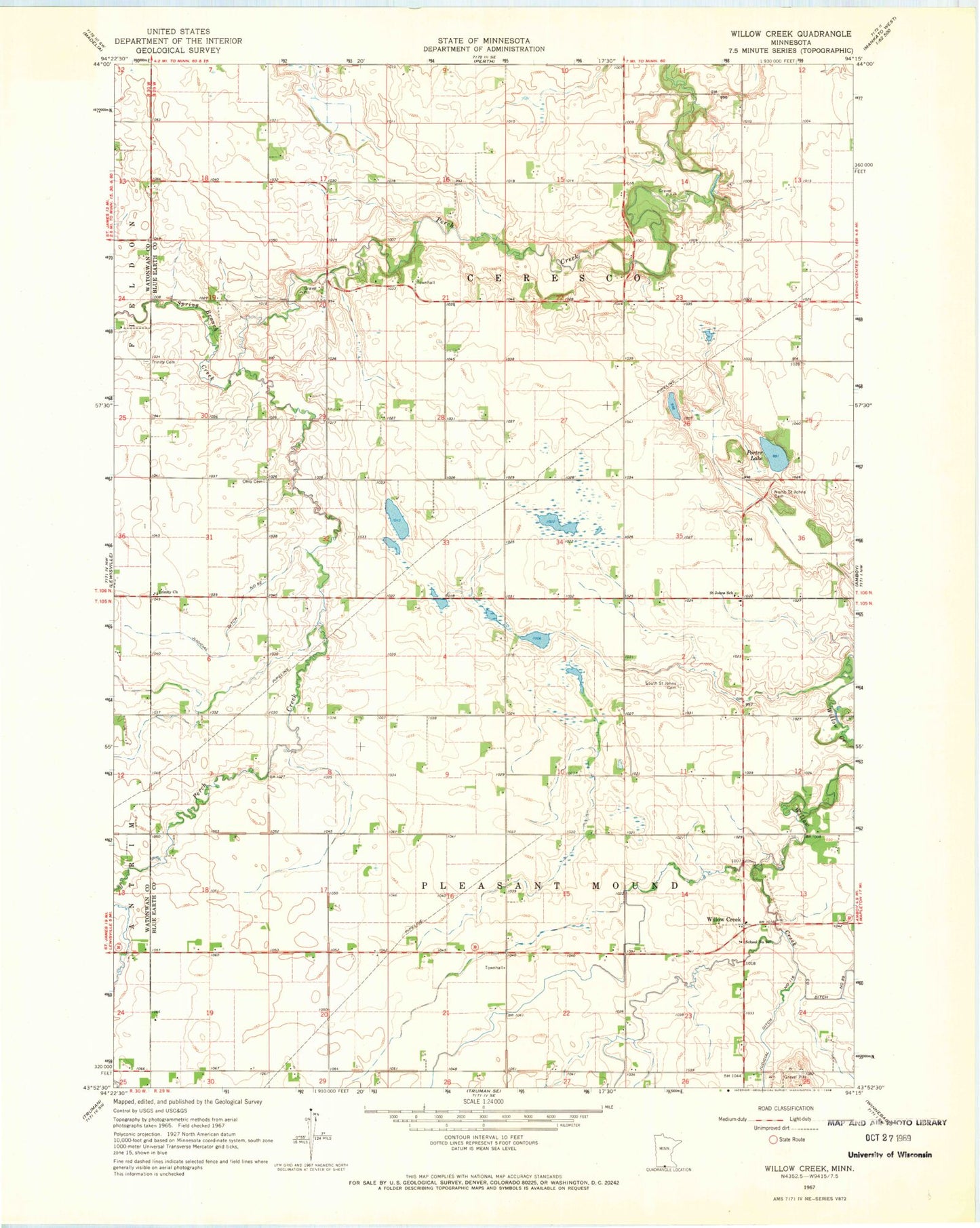 Classic USGS Willow Creek Minnesota 7.5'x7.5' Topo Map Image