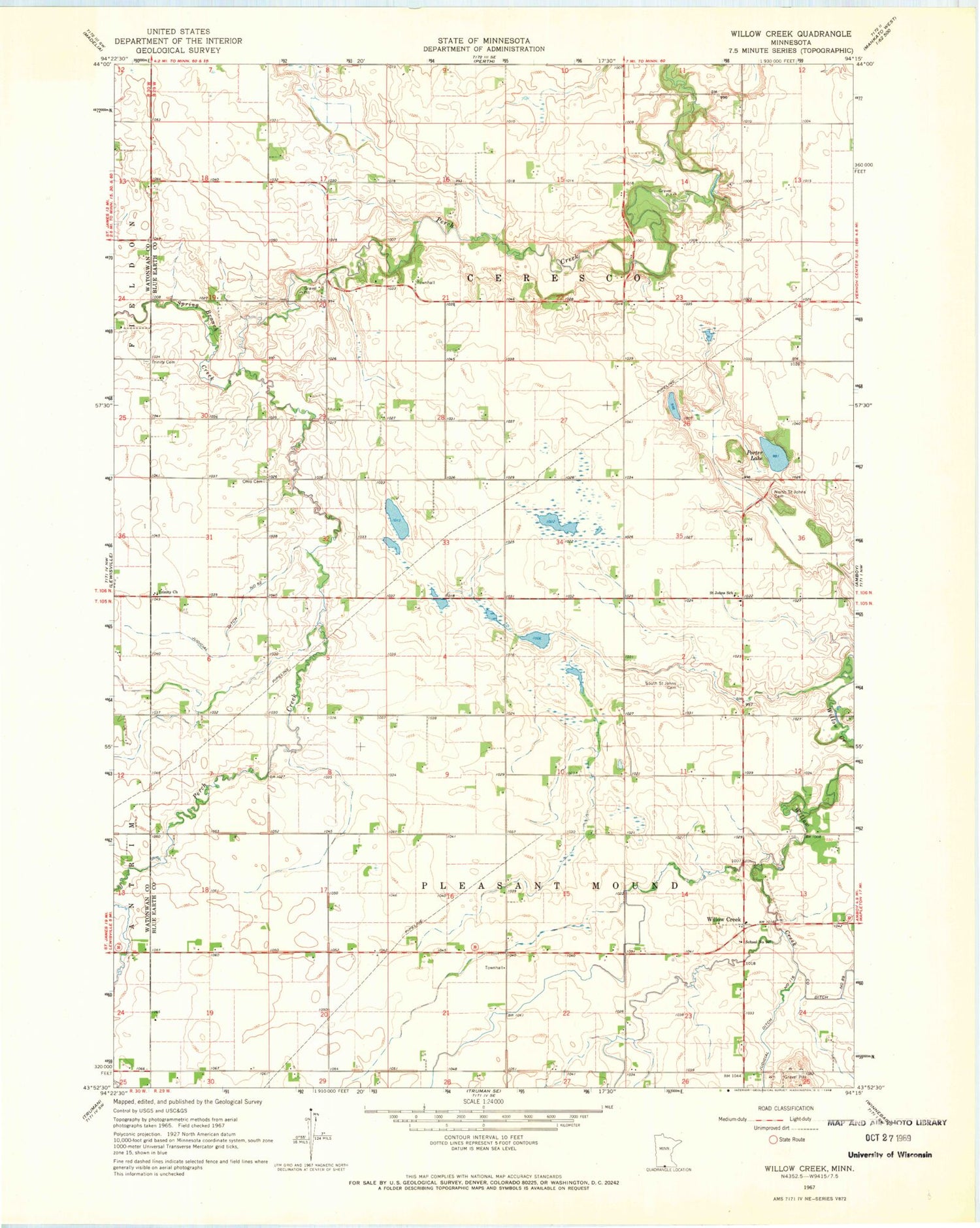 Classic USGS Willow Creek Minnesota 7.5'x7.5' Topo Map Image