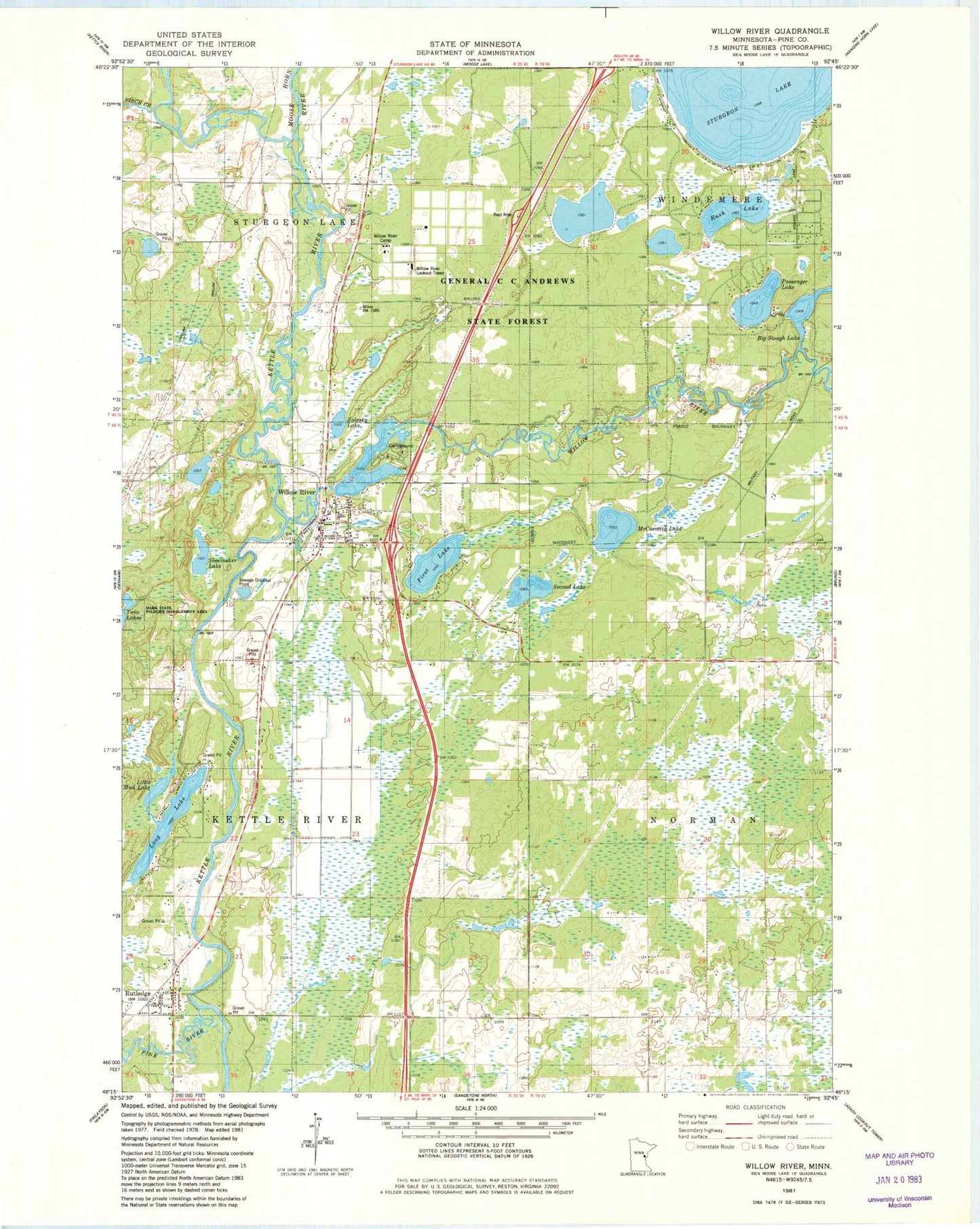 Classic USGS Willow River Minnesota 7.5'x7.5' Topo Map Image