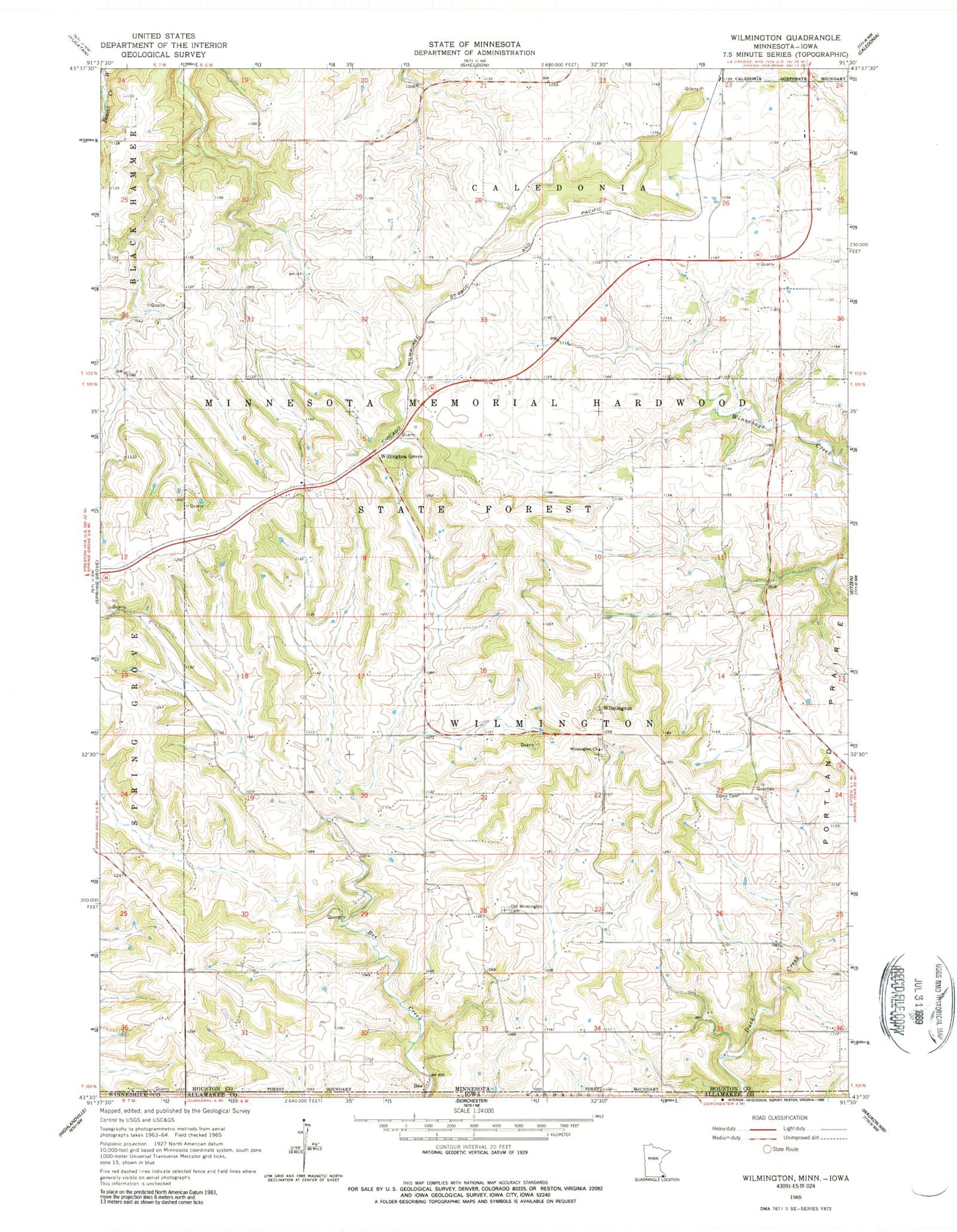 Classic USGS Wilmington Minnesota 7.5'x7.5' Topo Map Image