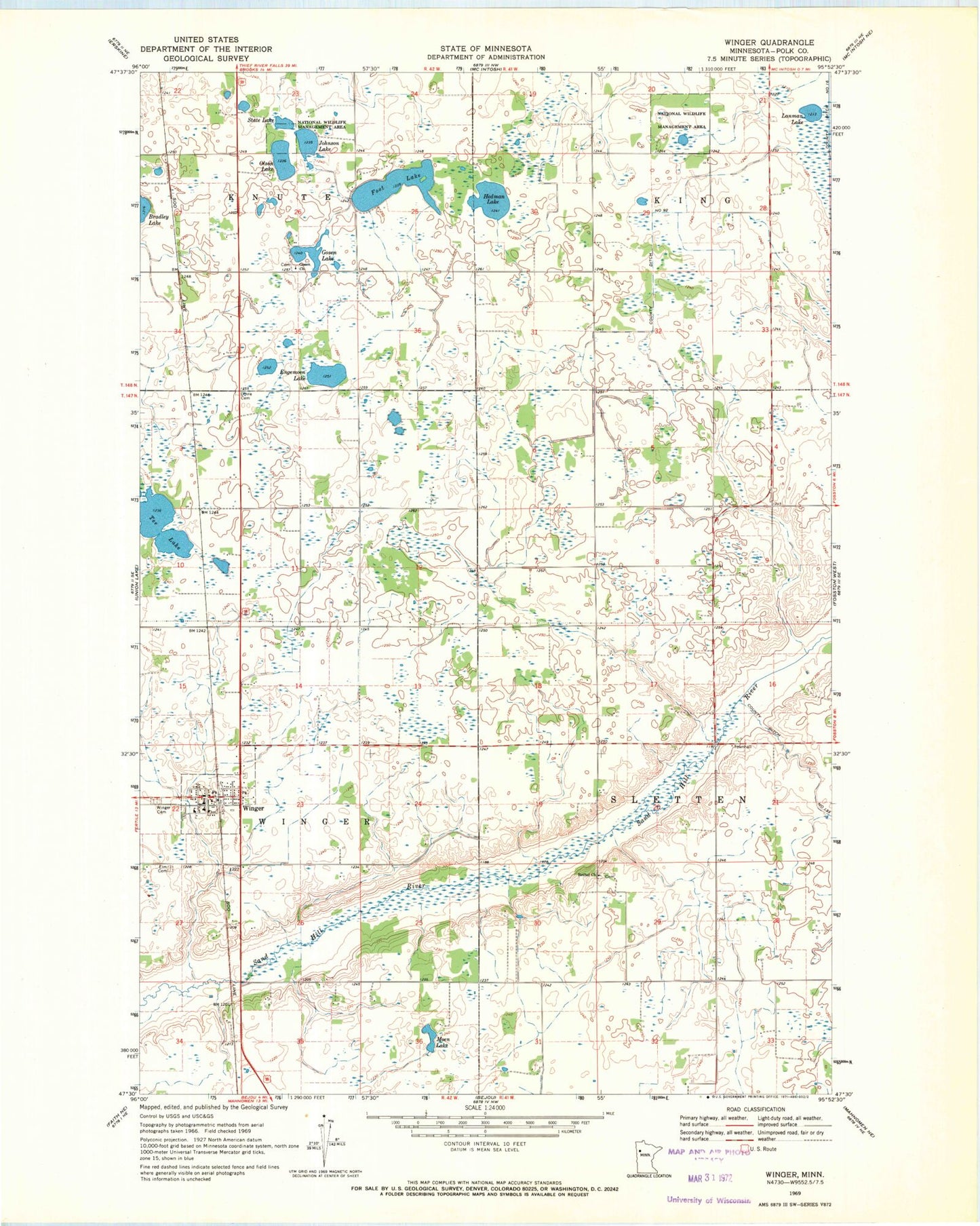 Classic USGS Winger Minnesota 7.5'x7.5' Topo Map Image