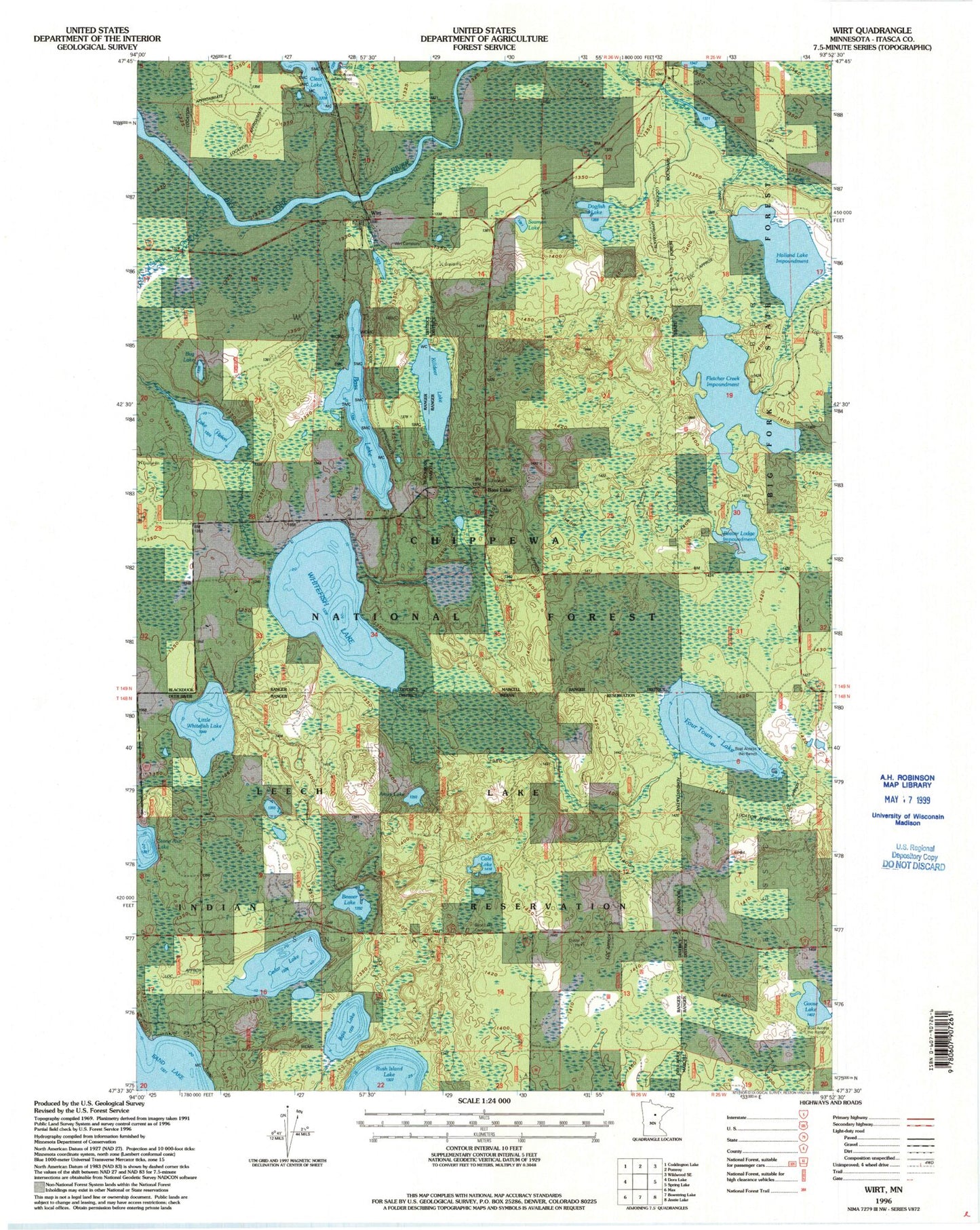 Classic USGS Wirt Minnesota 7.5'x7.5' Topo Map Image