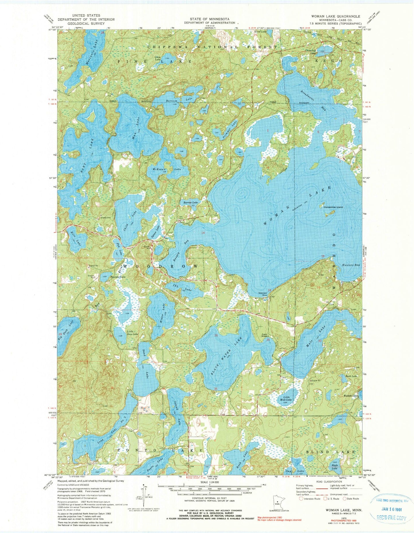 Classic USGS Woman Lake Minnesota 7.5'x7.5' Topo Map Image