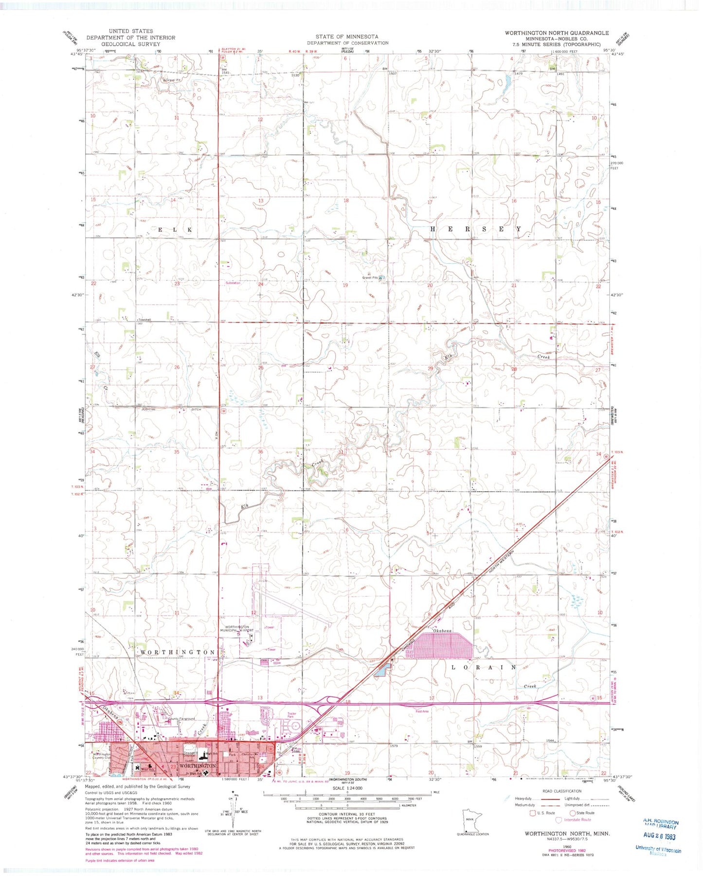 Classic USGS Worthington North Minnesota 7.5'x7.5' Topo Map Image