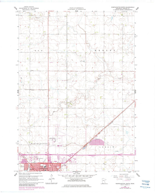 Classic USGS Worthington North Minnesota 7.5'x7.5' Topo Map Image