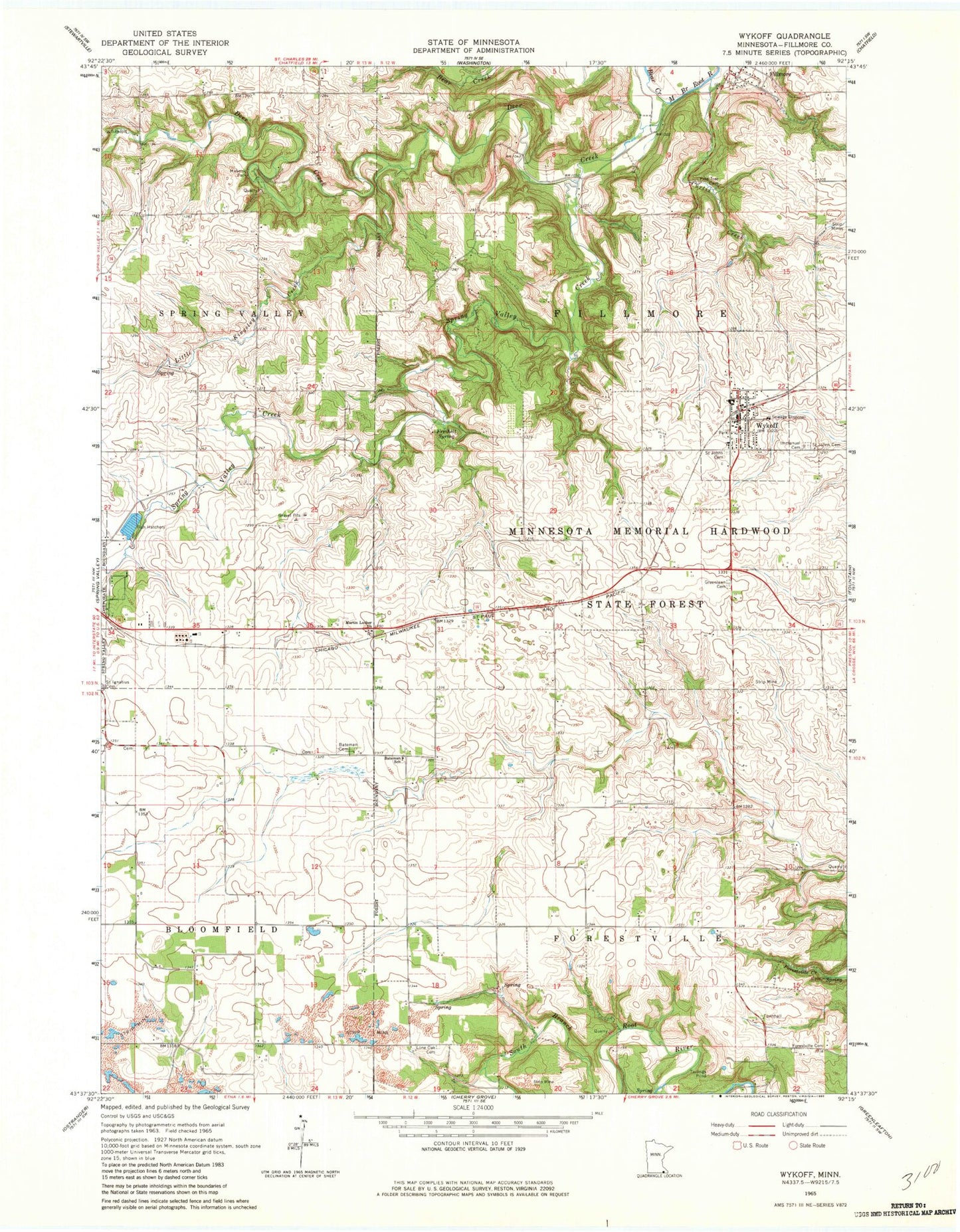 Classic USGS Wykoff Minnesota 7.5'x7.5' Topo Map Image