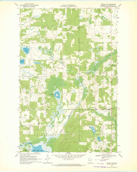 Classic USGS Zerkel NW Minnesota 7.5'x7.5' Topo Map Image