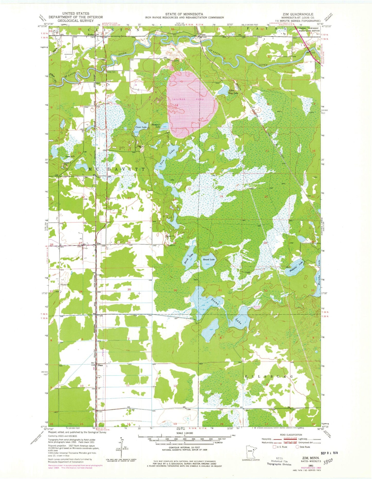 Classic USGS Zim Minnesota 7.5'x7.5' Topo Map Image