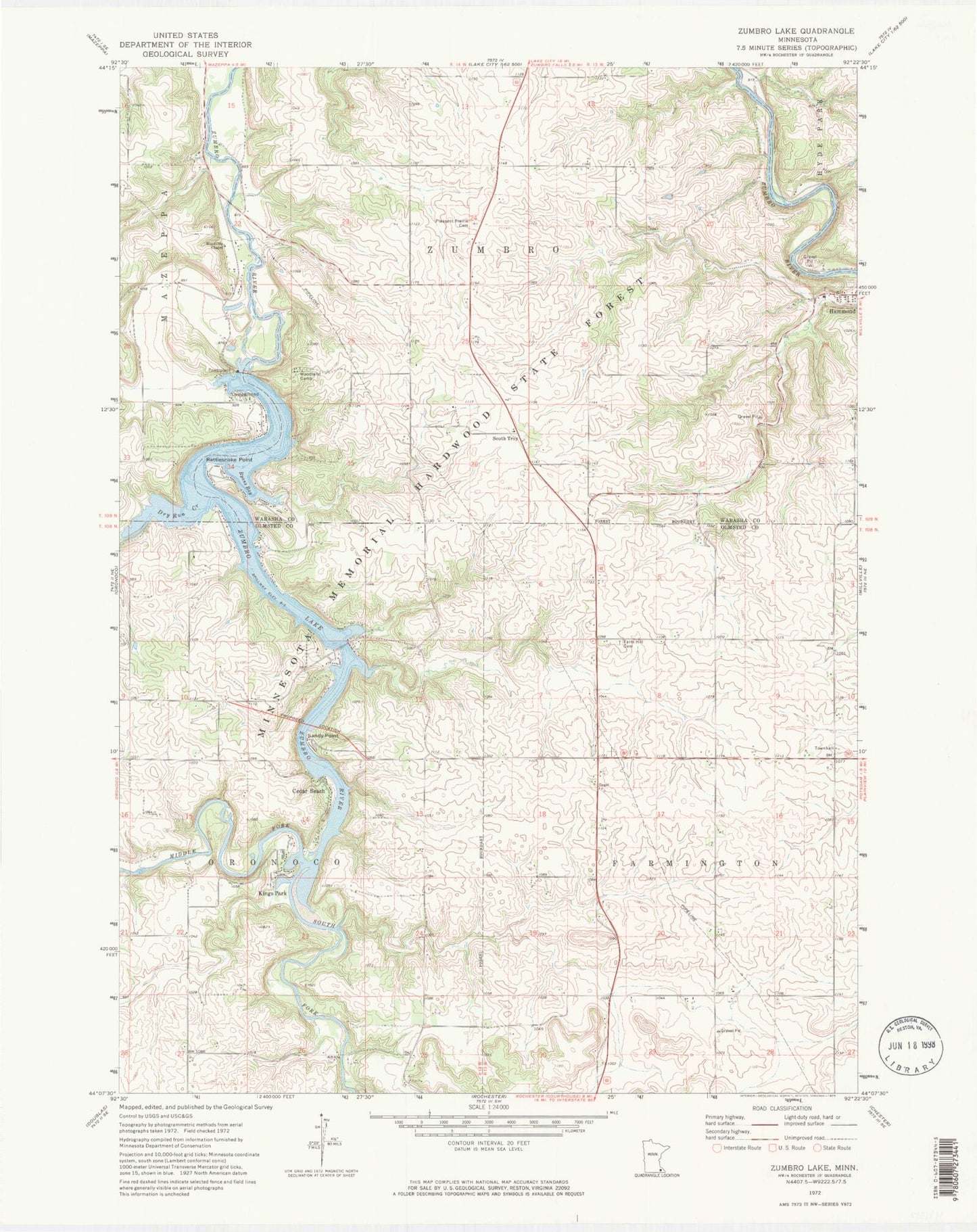 Classic USGS Zumbro Lake Minnesota 7.5'x7.5' Topo Map Image